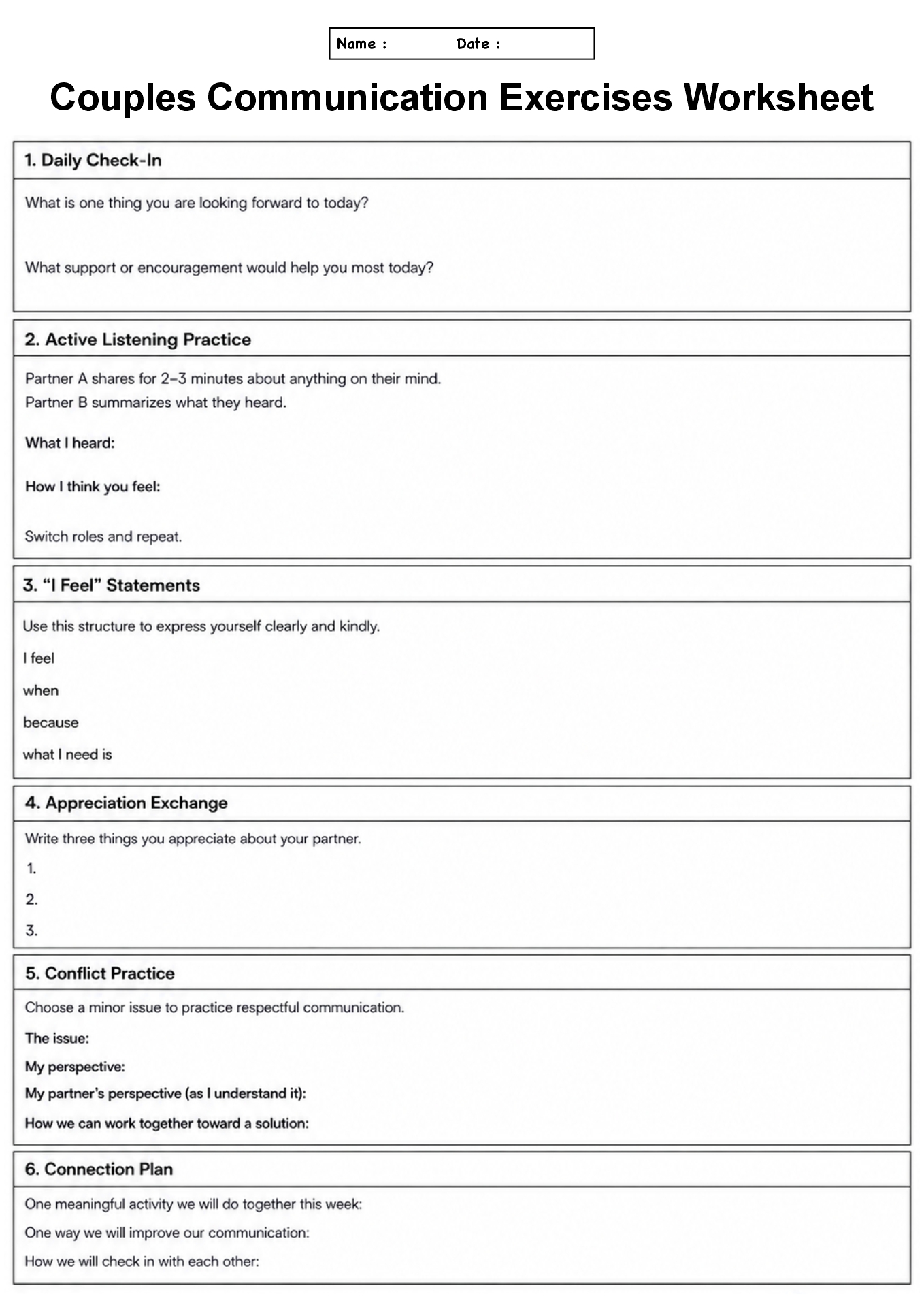 Couples Communication Exercises Worksheet
