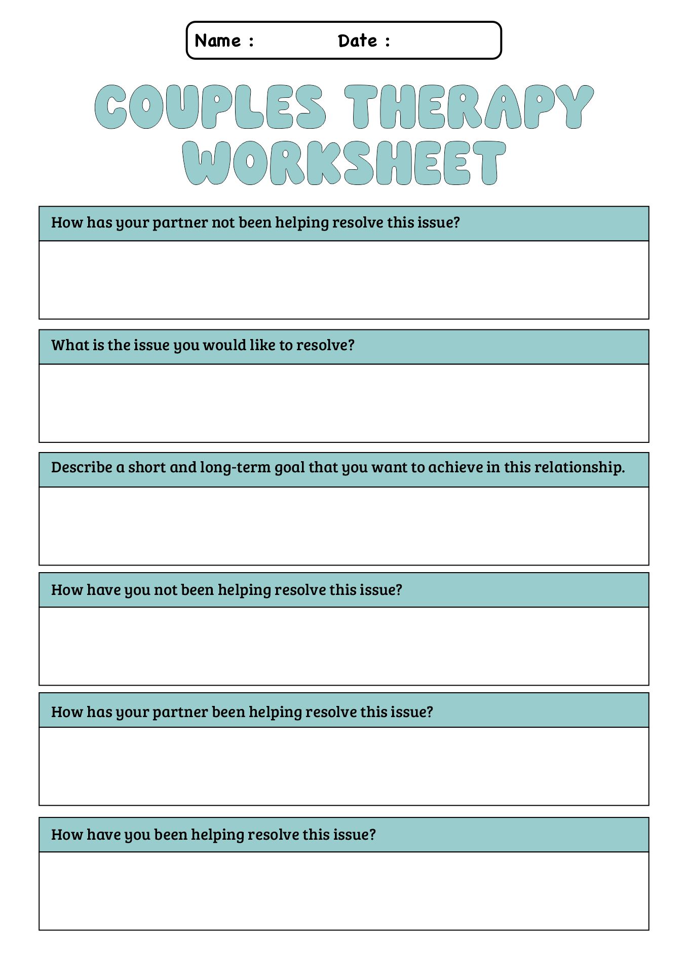 Couples Therapy Homework Assignments Worksheet