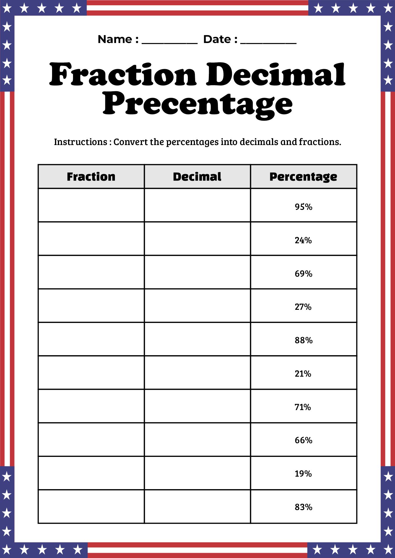 Decimal and Percent Worksheets for Flag Day