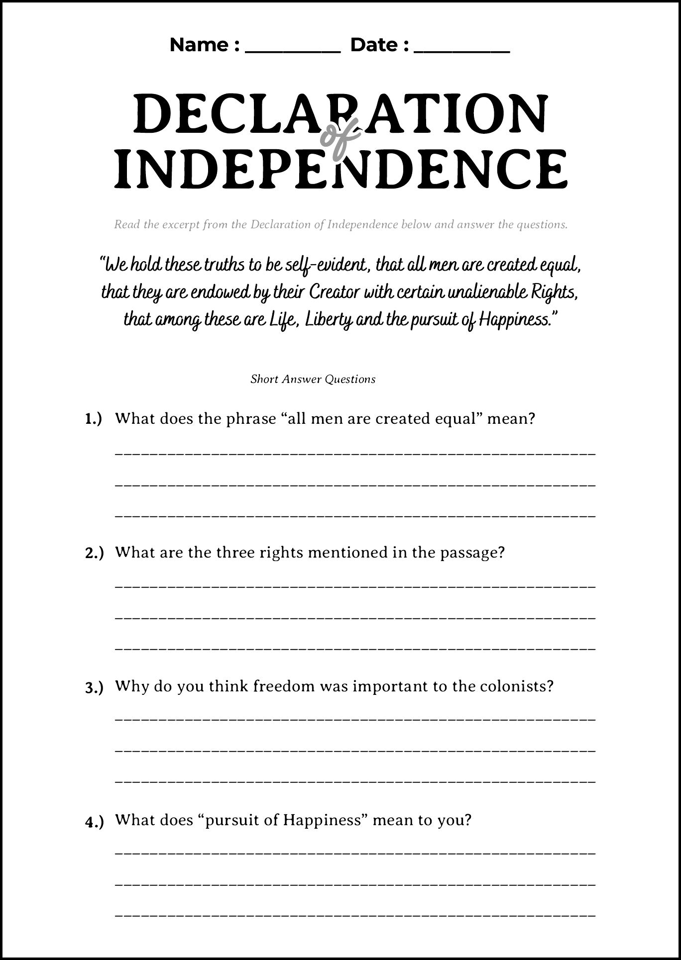 Declaration of Independence Analysis Activity Worksheet