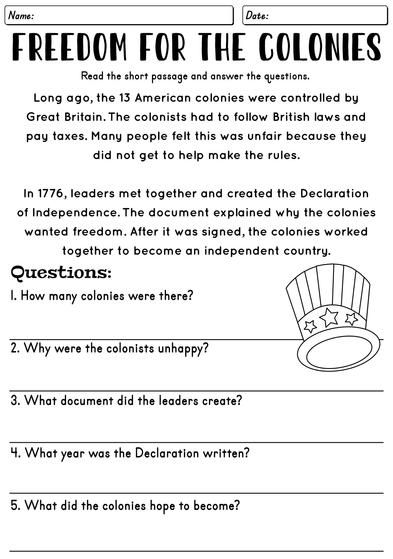 Declaration of Independence Historical Reading Worksheet