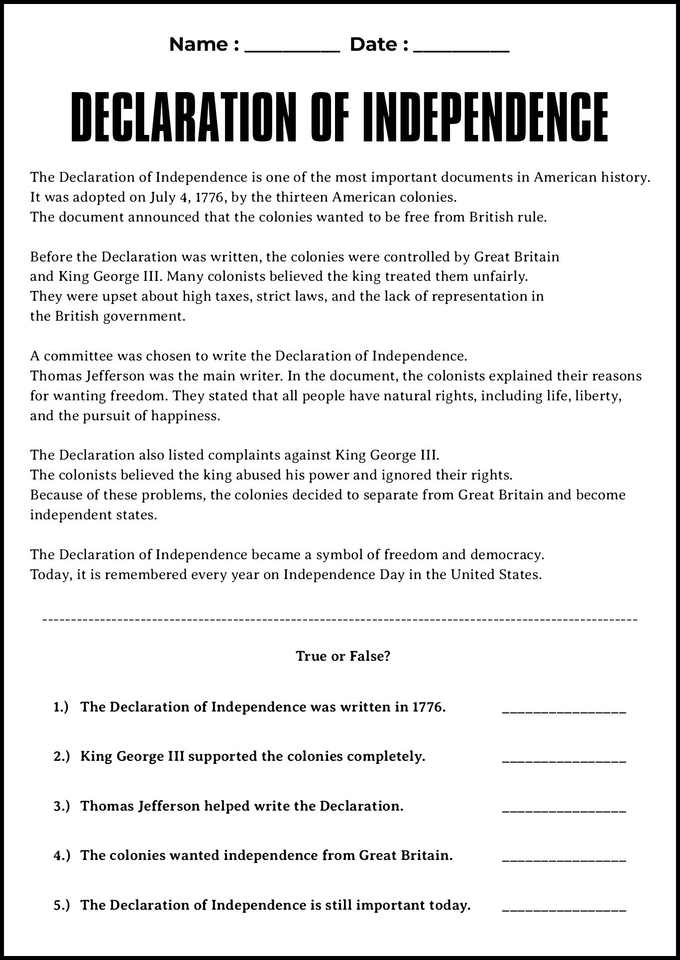 Declaration of Independence Understanding Text Worksheet