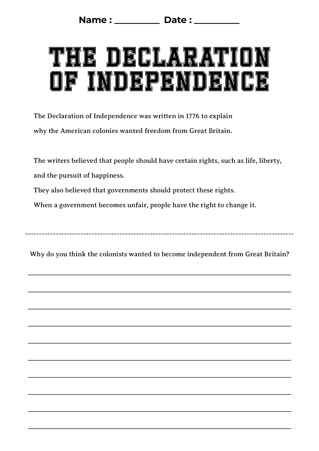 Declaration of Independence Worksheet