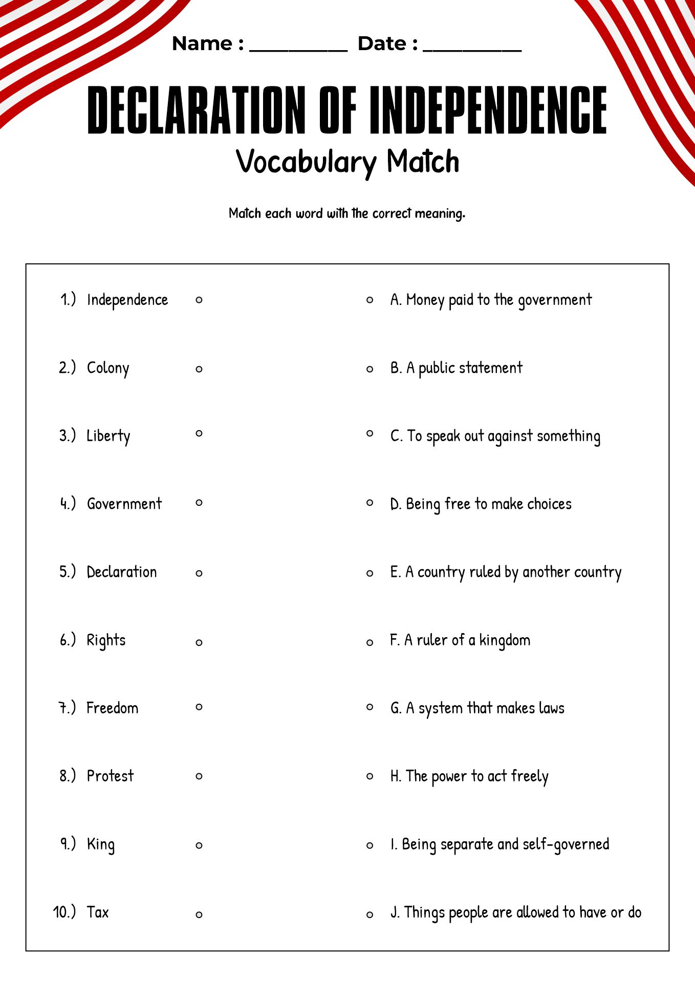 Declaration of Independence Worksheet