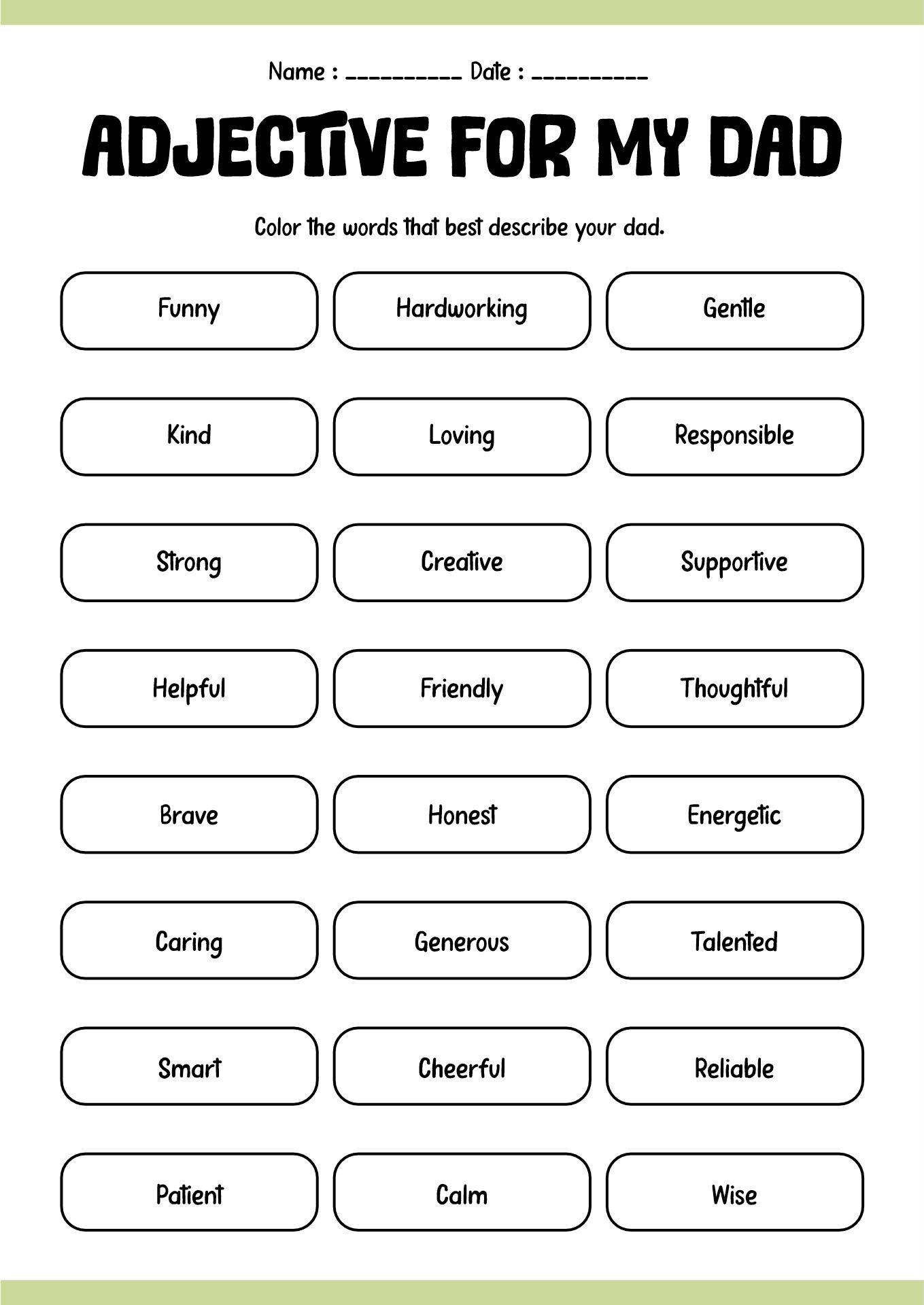 Describing My Dad Adjective Worksheet