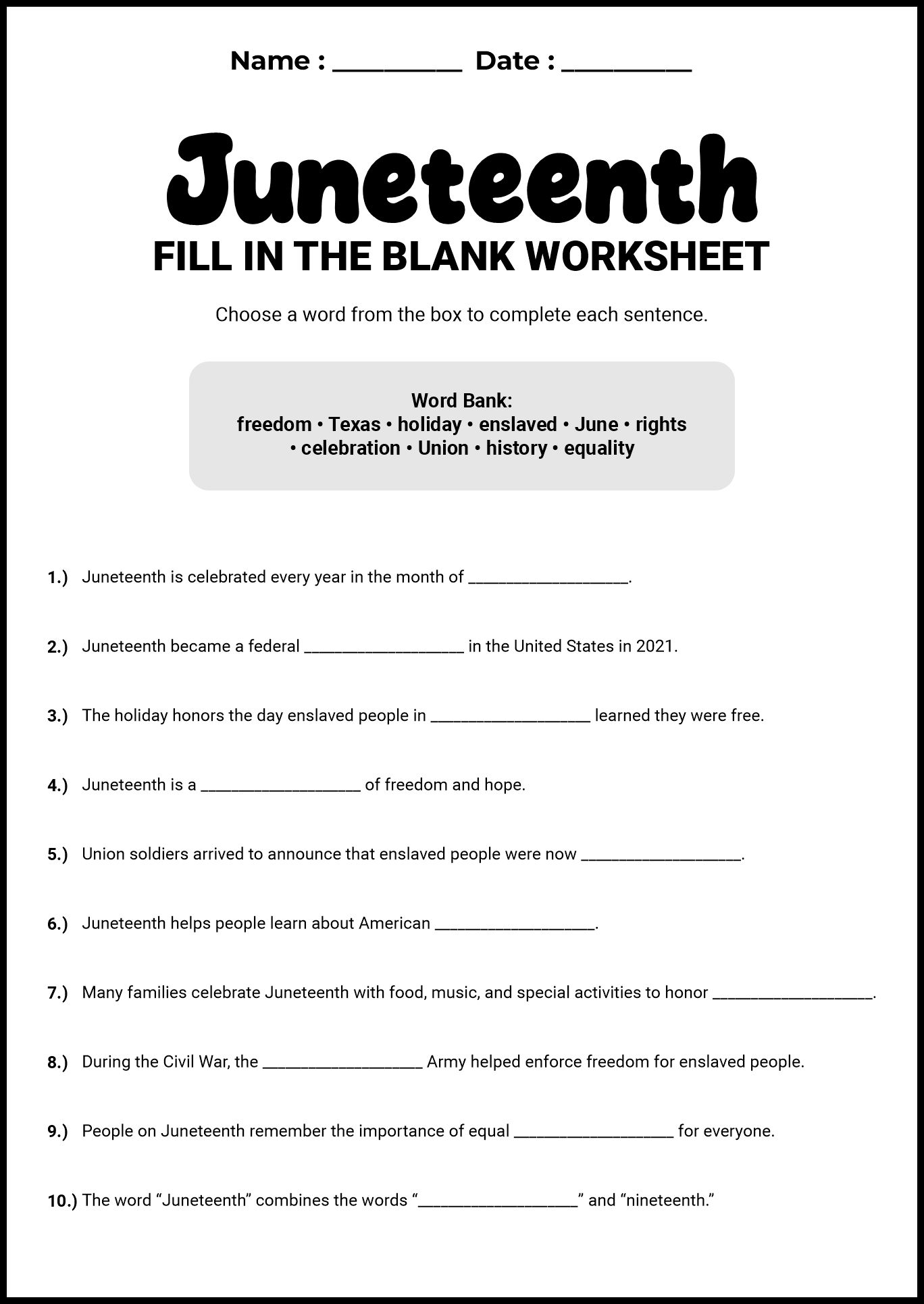 Elementary Juneteenth Activity Sheet