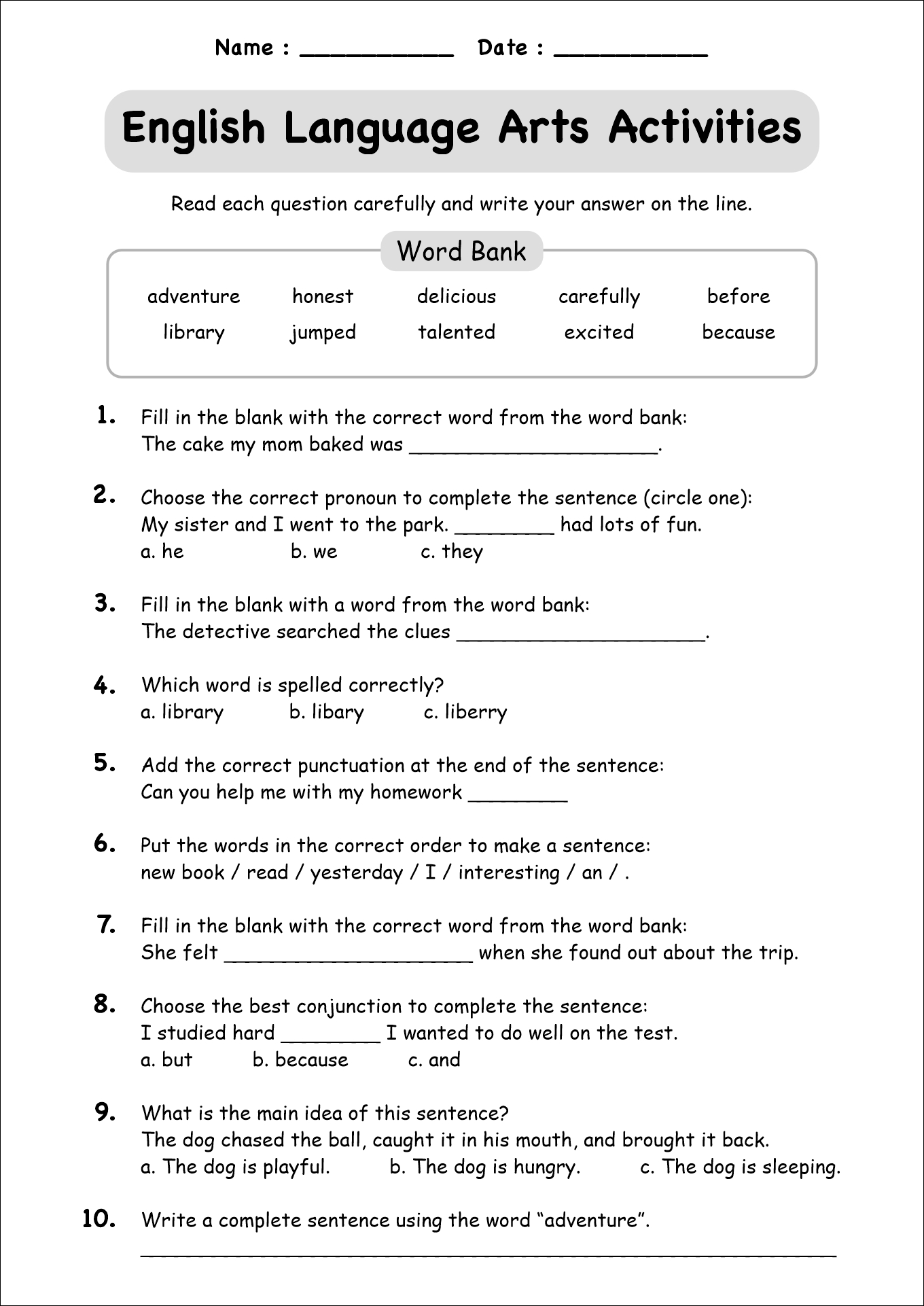 English Language Arts Activities for Third Graders