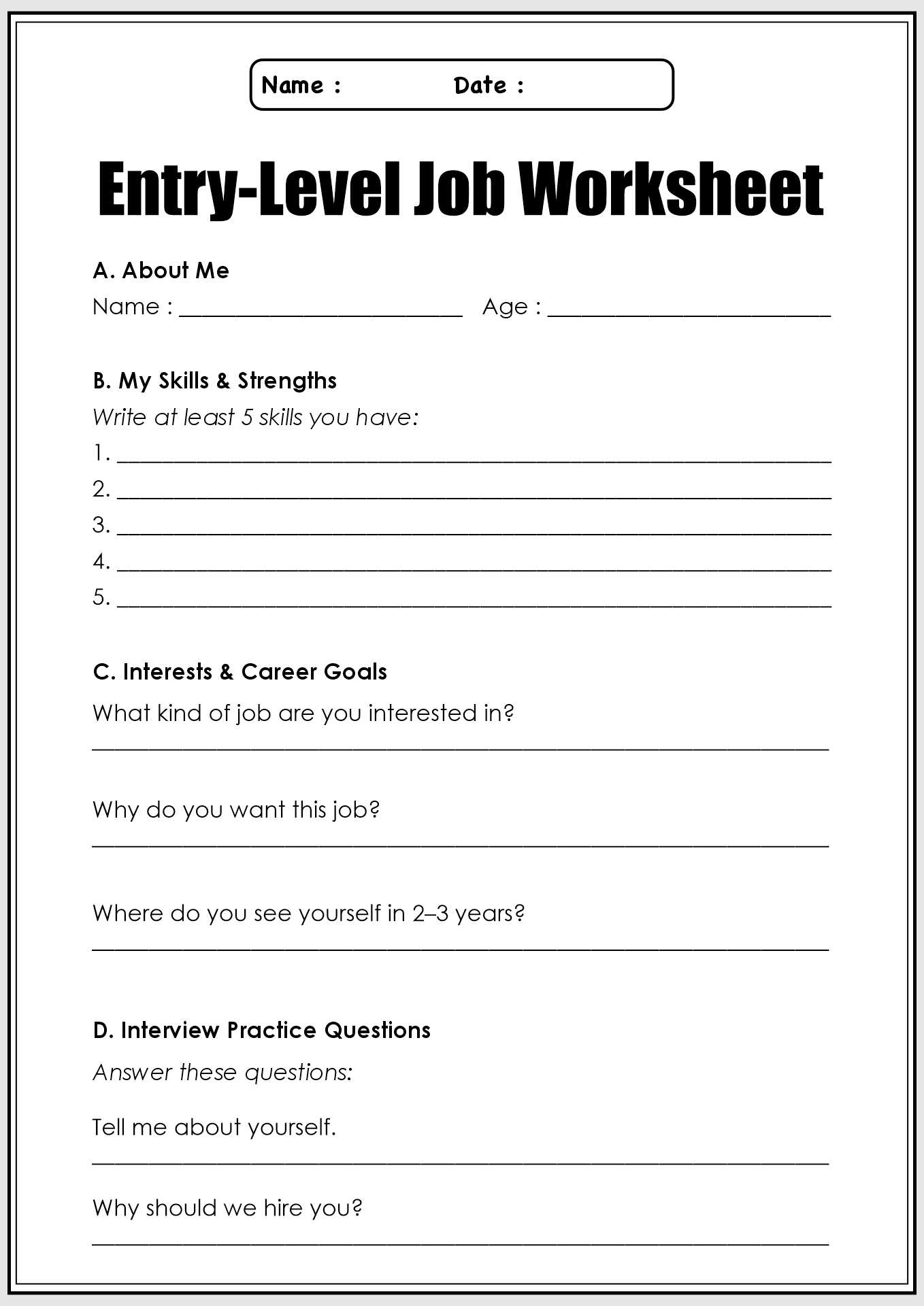 Entry-Level Job Seekers Career Worksheets