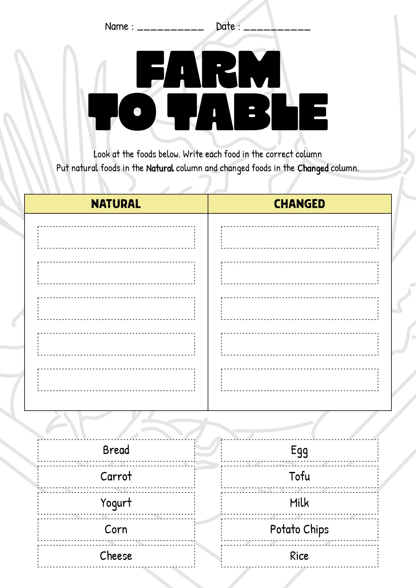 Farm to Table Learning Sheets for Kindergarten
