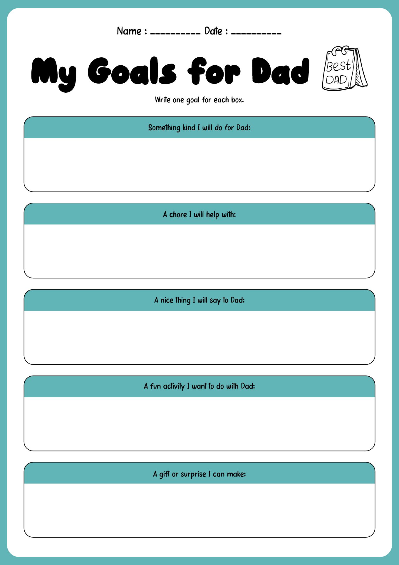 Father’s Day Goals Worksheets for Kids