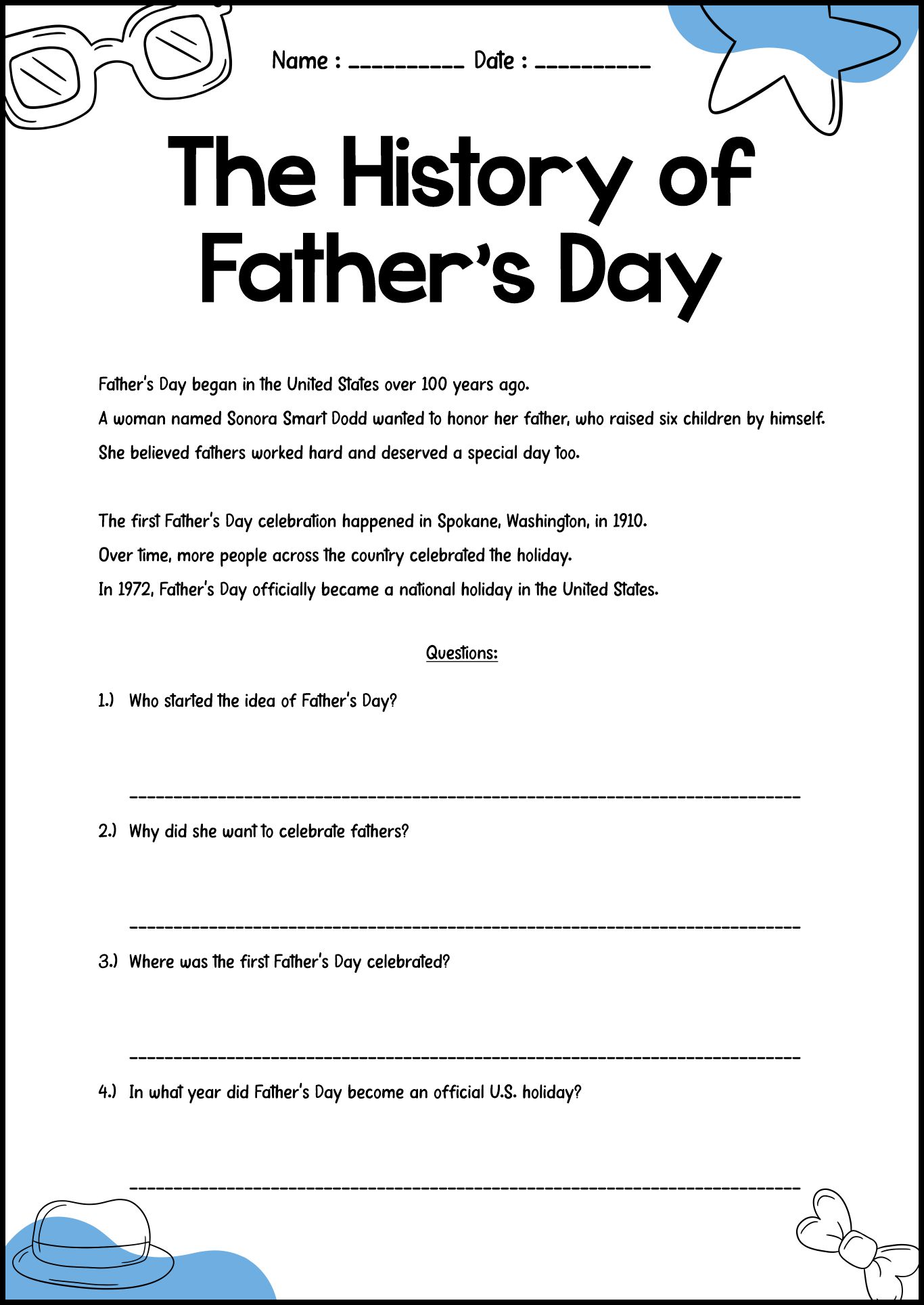 Father’s Day History Worksheets Printables