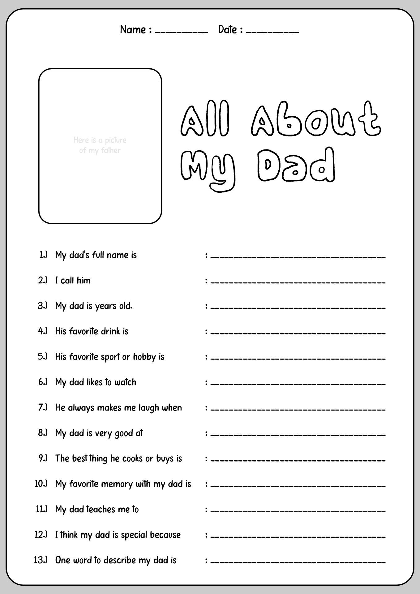 Father’s Day Questionnaire Printable Sheets