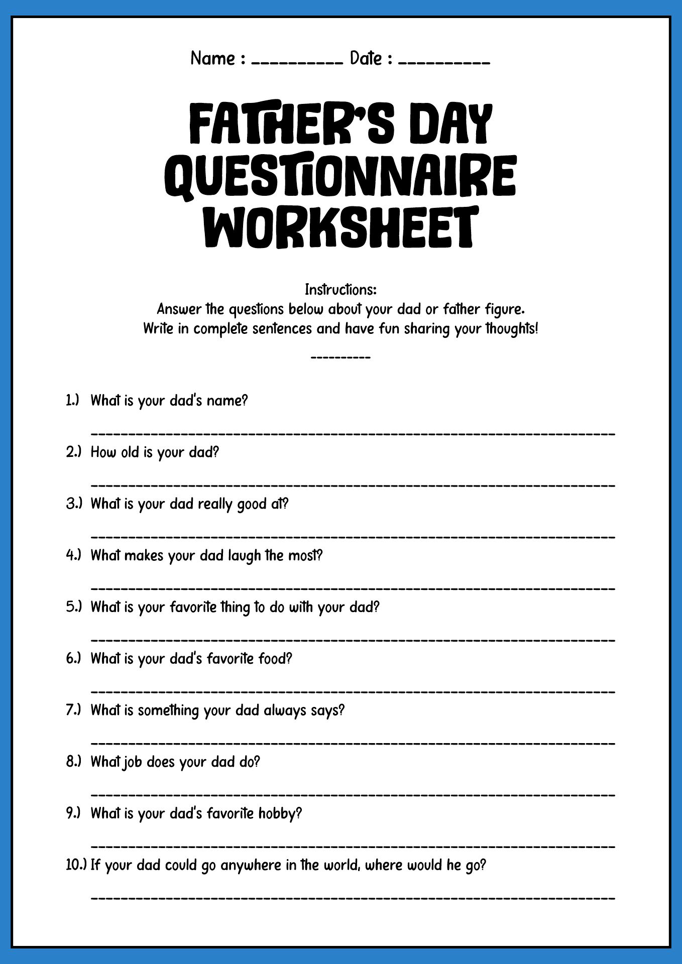 Fathers Day Questionnaire Worksheet