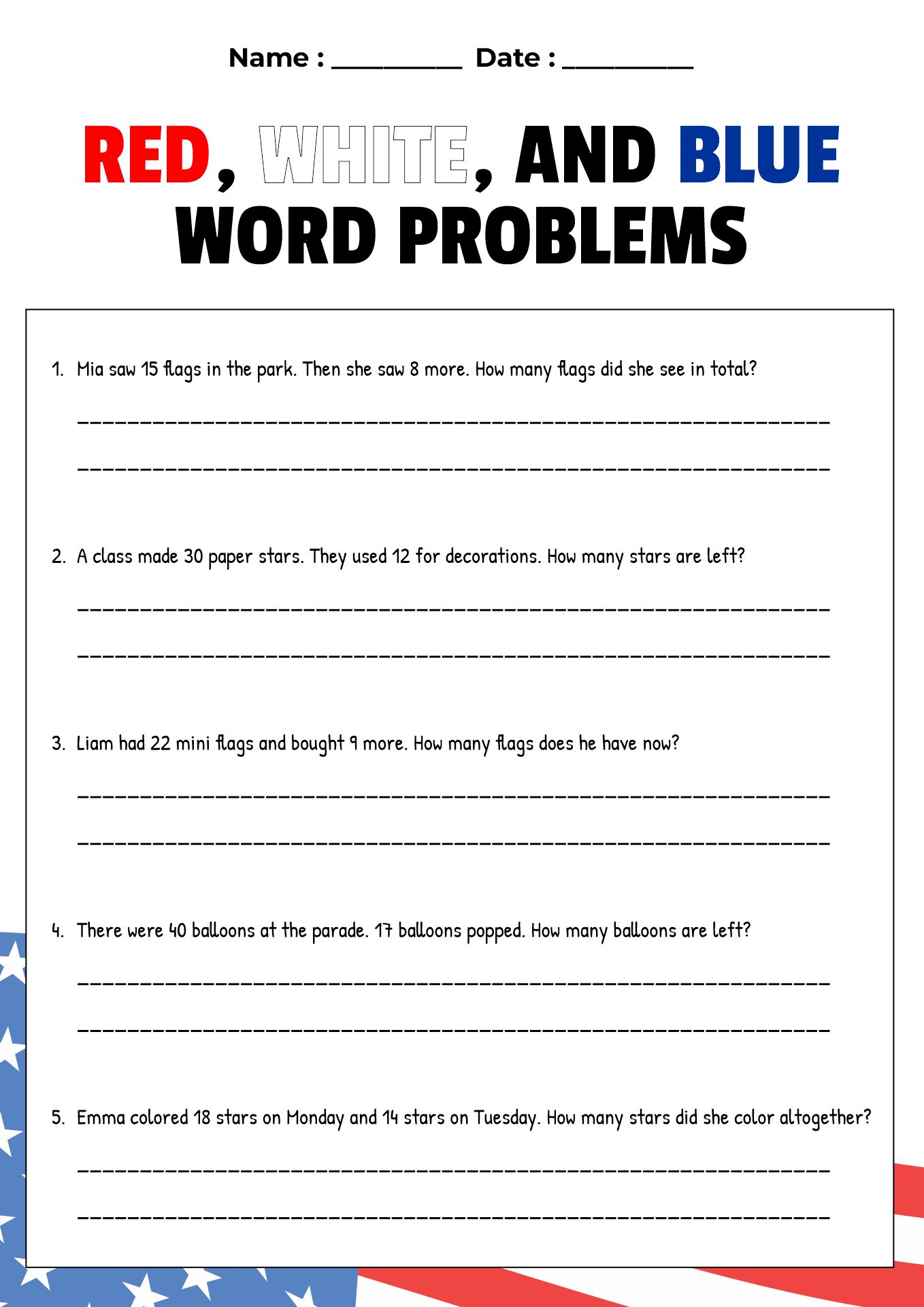 Flag Day Addition and Subtraction Worksheets