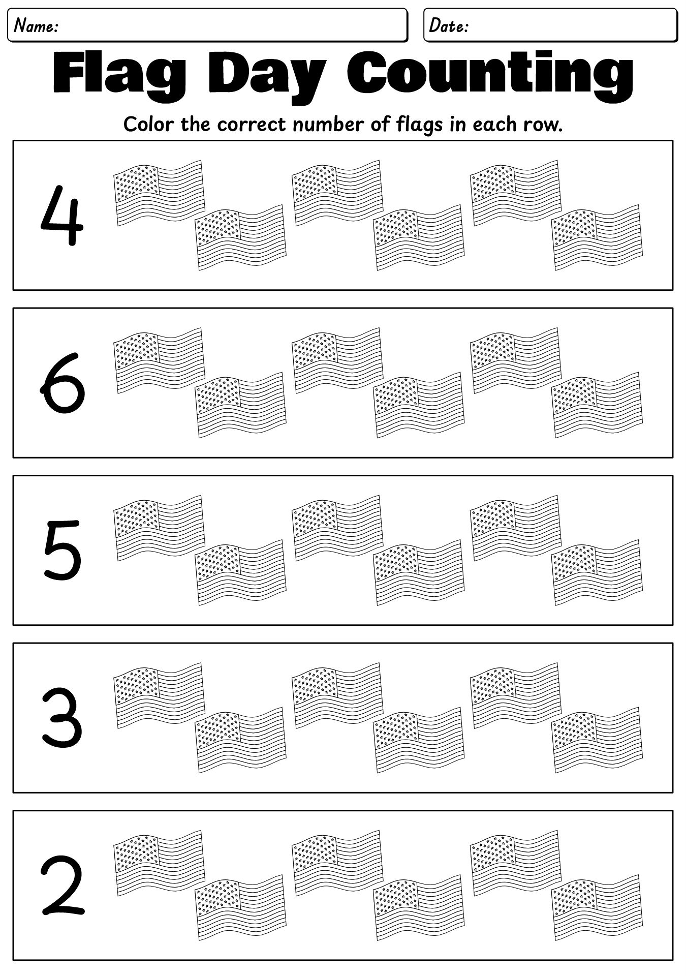 Flag Day Counting Sheets for Kindergarten