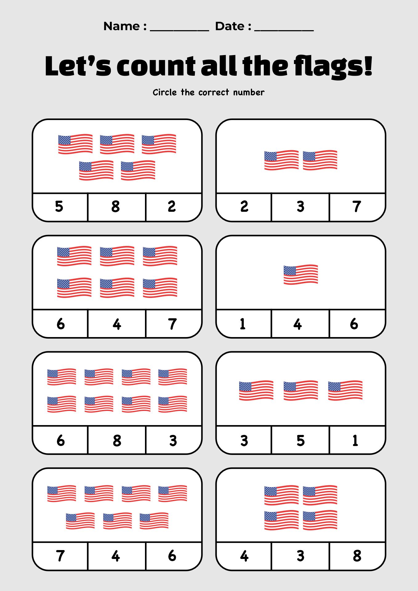 Flag Day Counting Sheets for Preschoolers