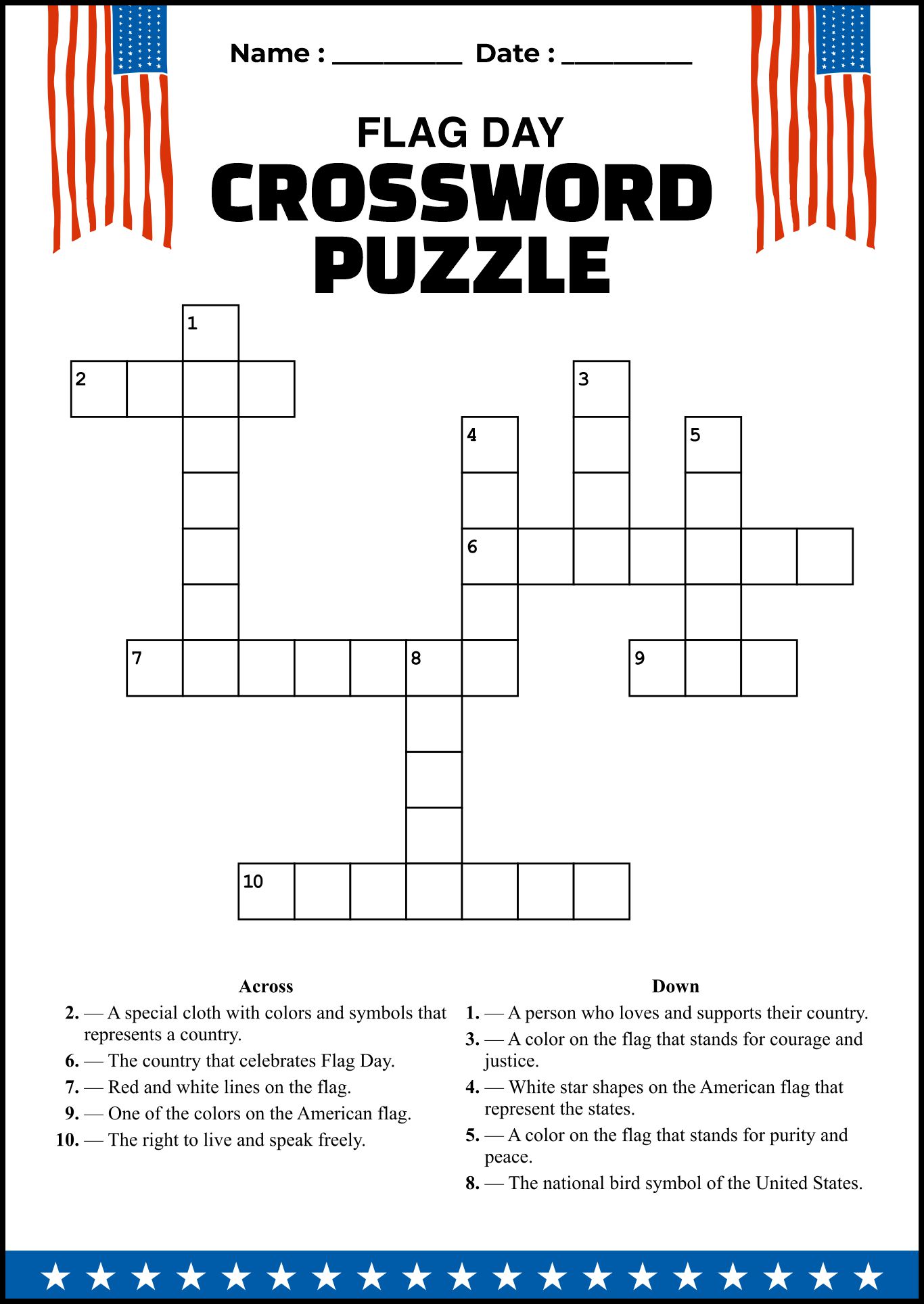 Flag Day Crossword Puzzles for Classroom