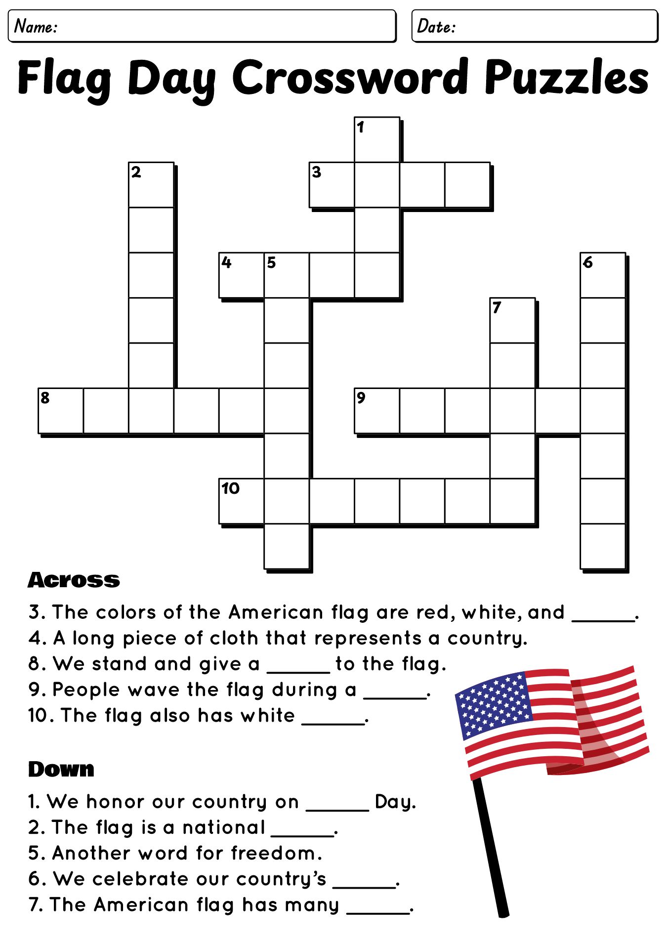 Flag Day Crossword Puzzles for Kids