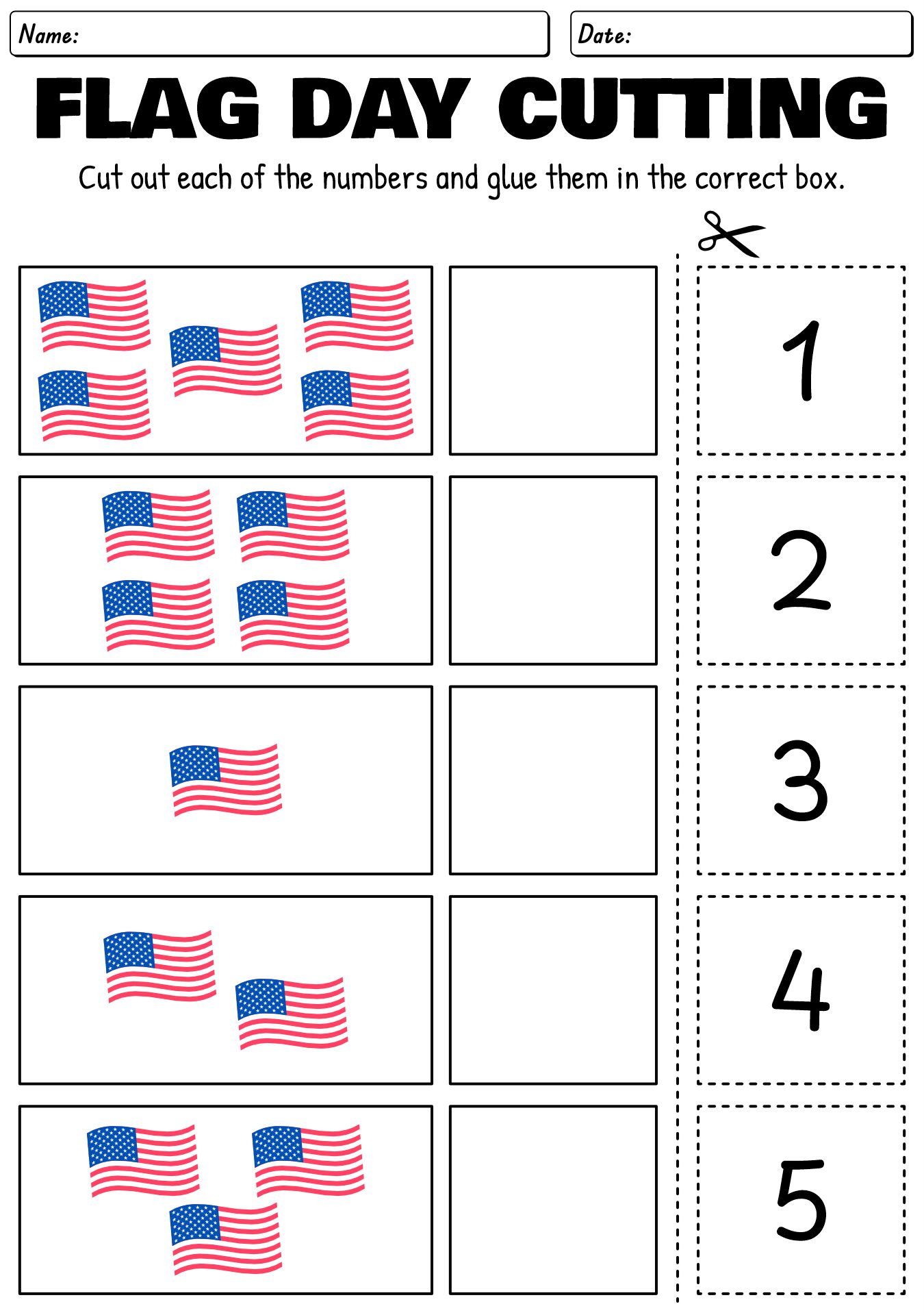 Flag Day Cutting Skills Worksheets for Kindergarten