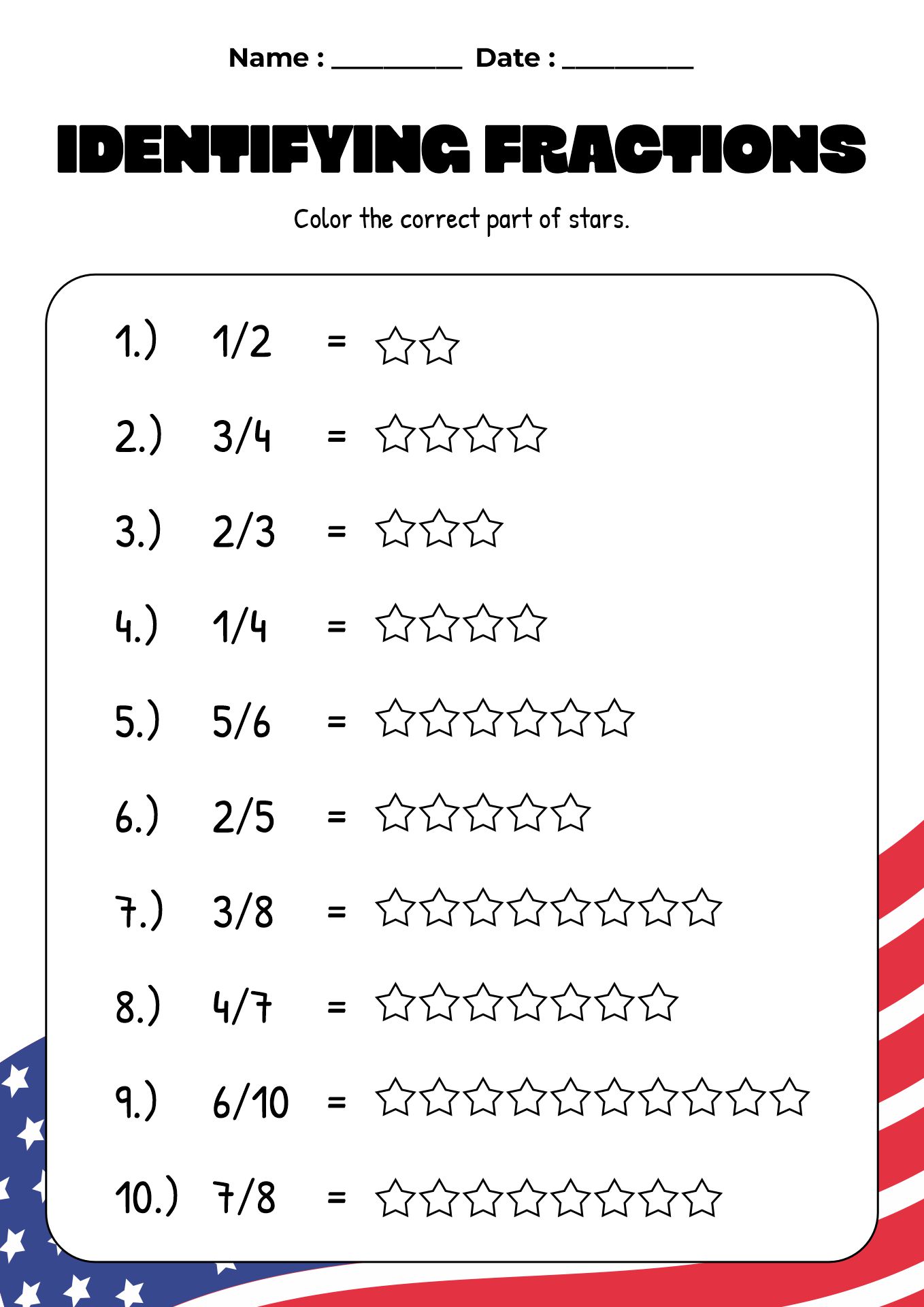 Flag Day Fraction Exercises for Kids