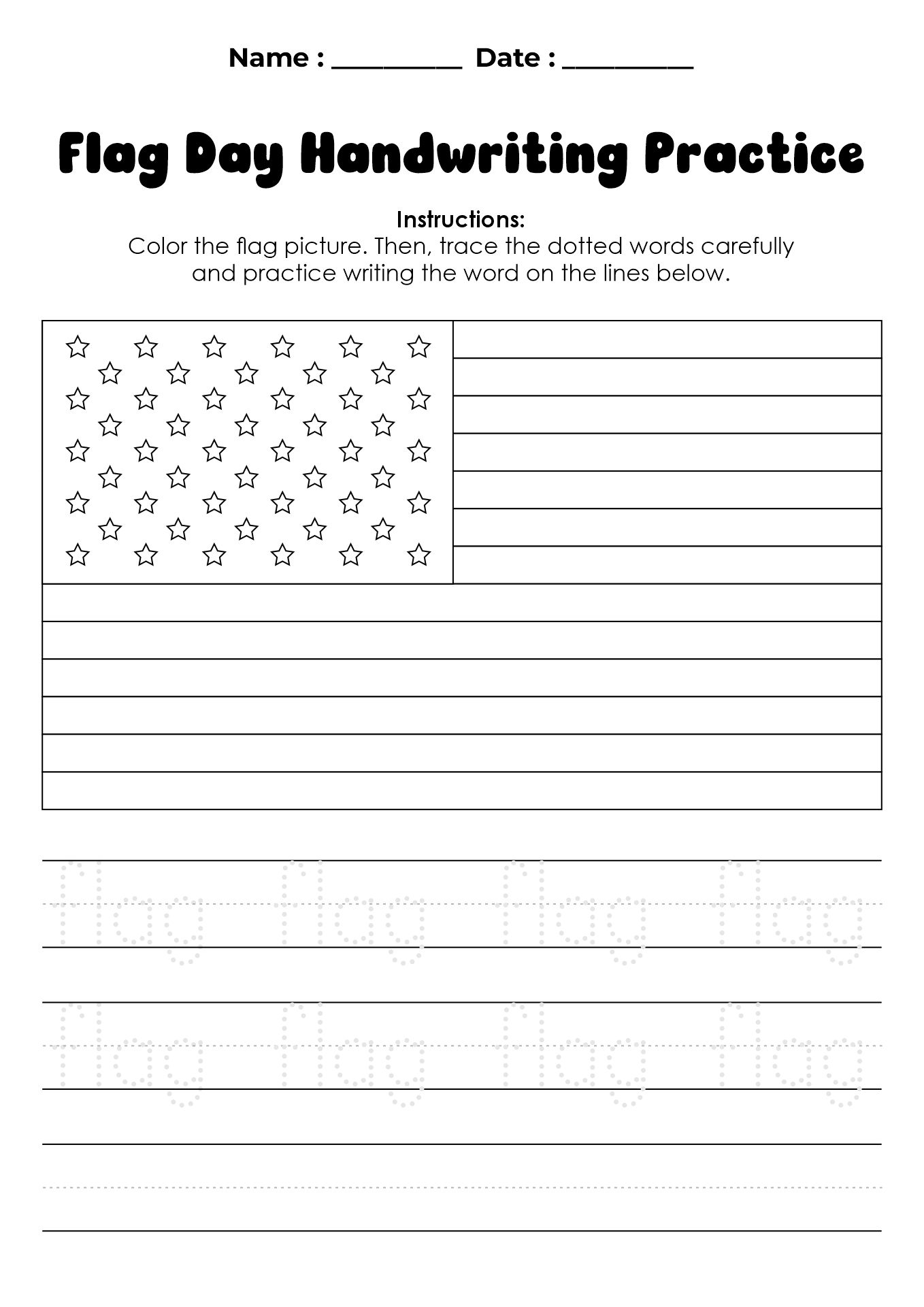 Flag Day Handwriting Practice Sheets for Kindergarten