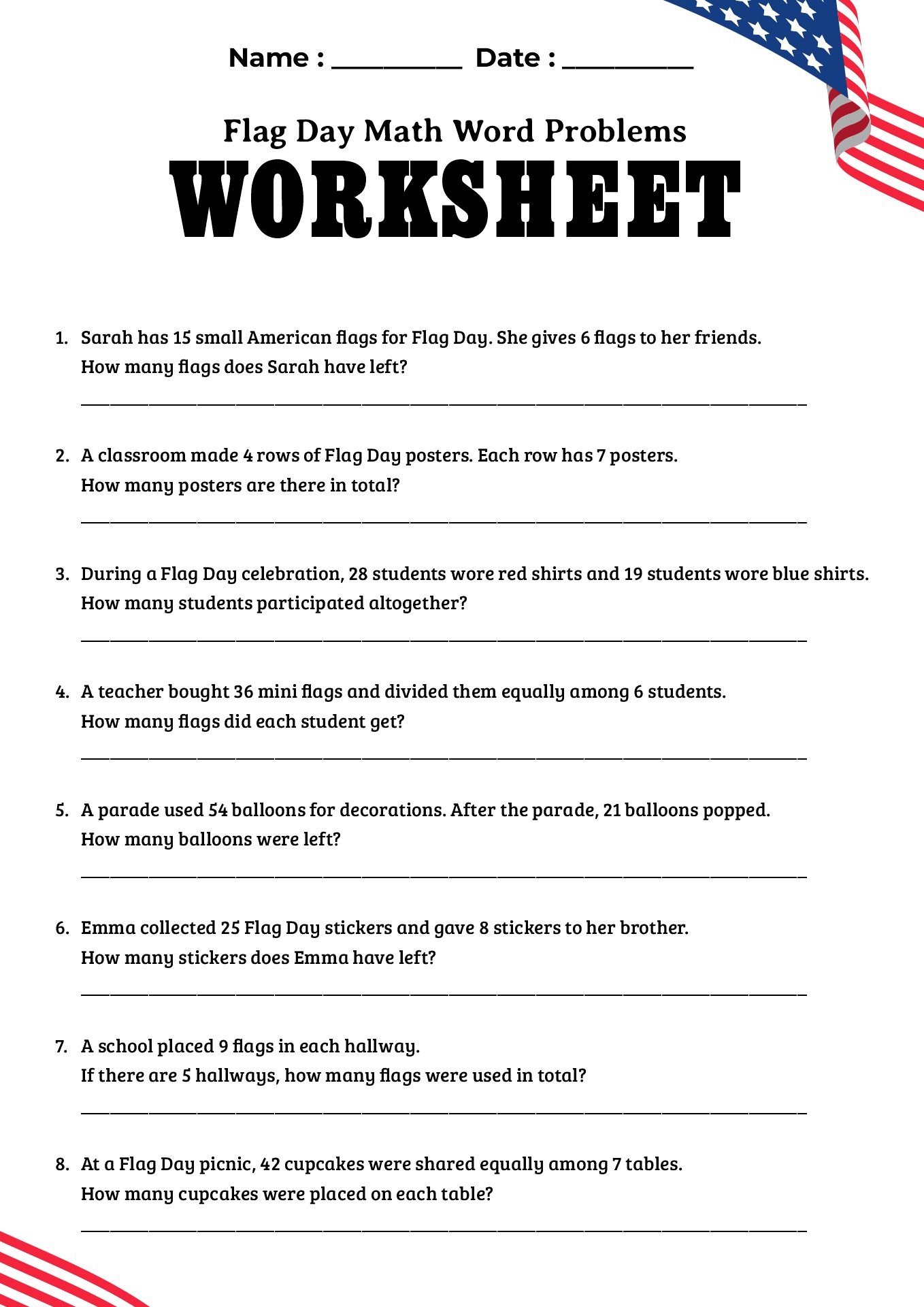 Flag Day Math Word Problems