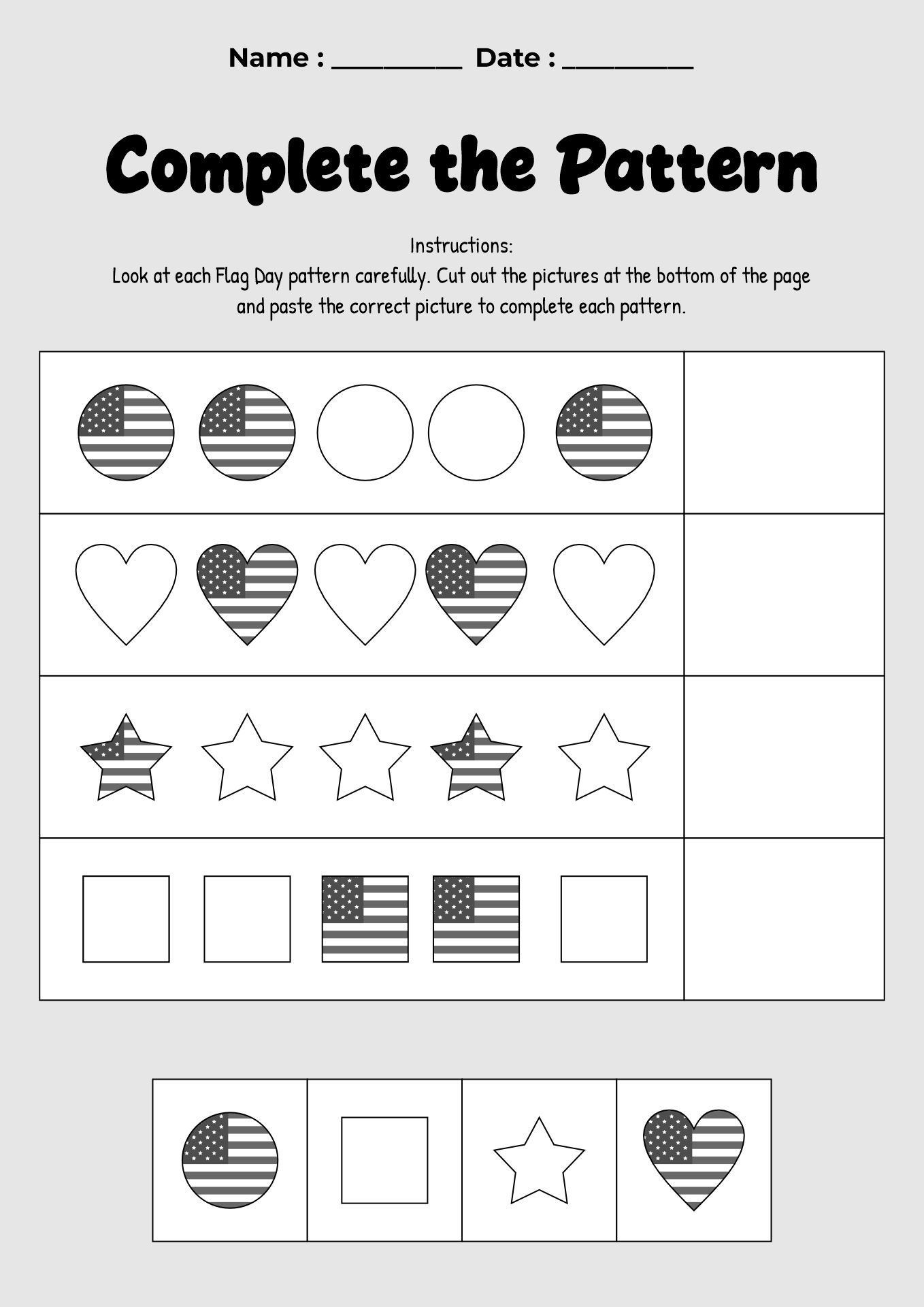 Flag Day Pattern Worksheets for Early Learners