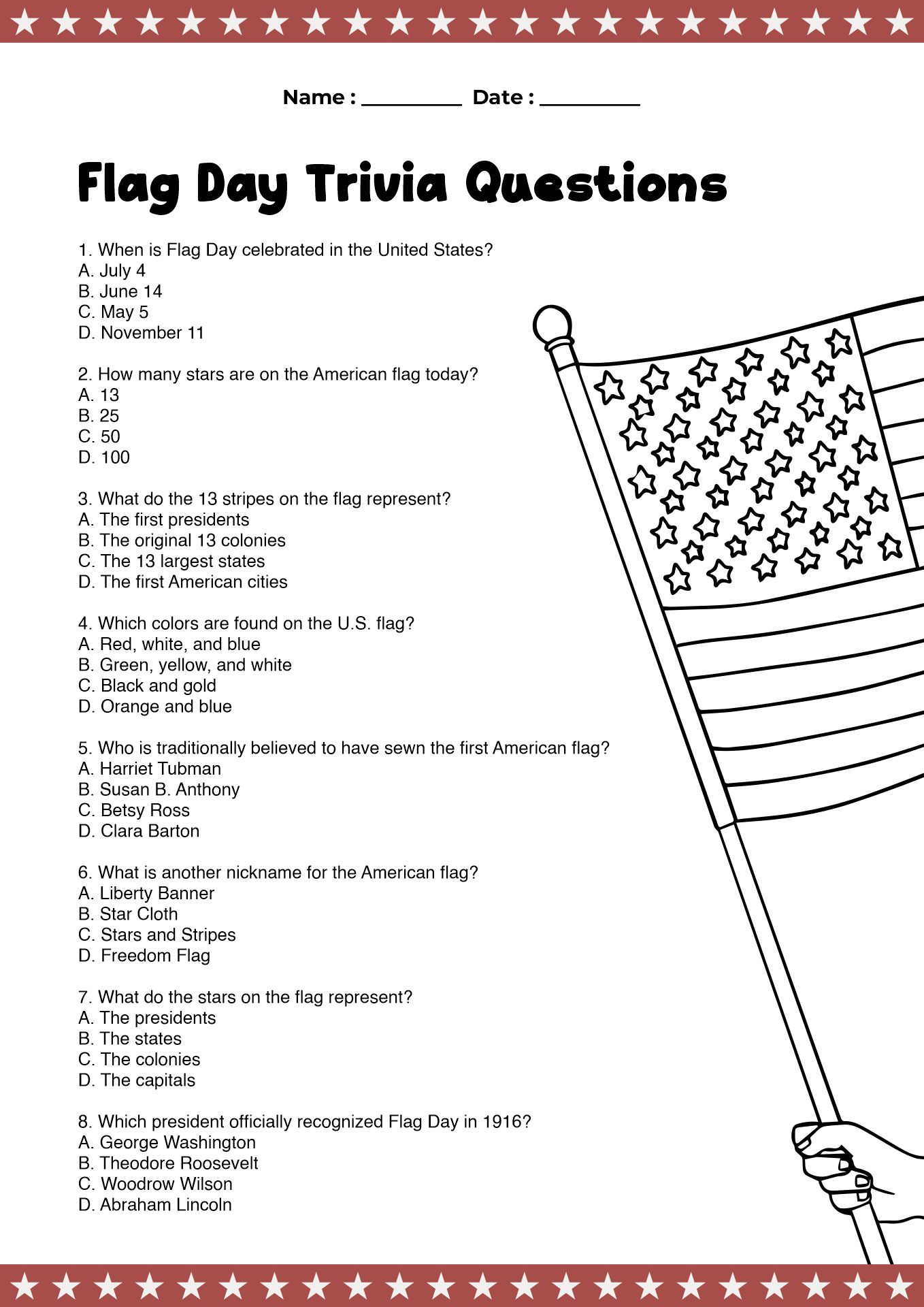 Flag Day Quiz Worksheets for Middle School