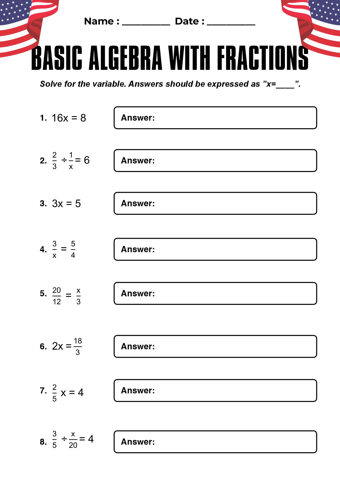 Flag Day Themed Algebra Practice Sheets