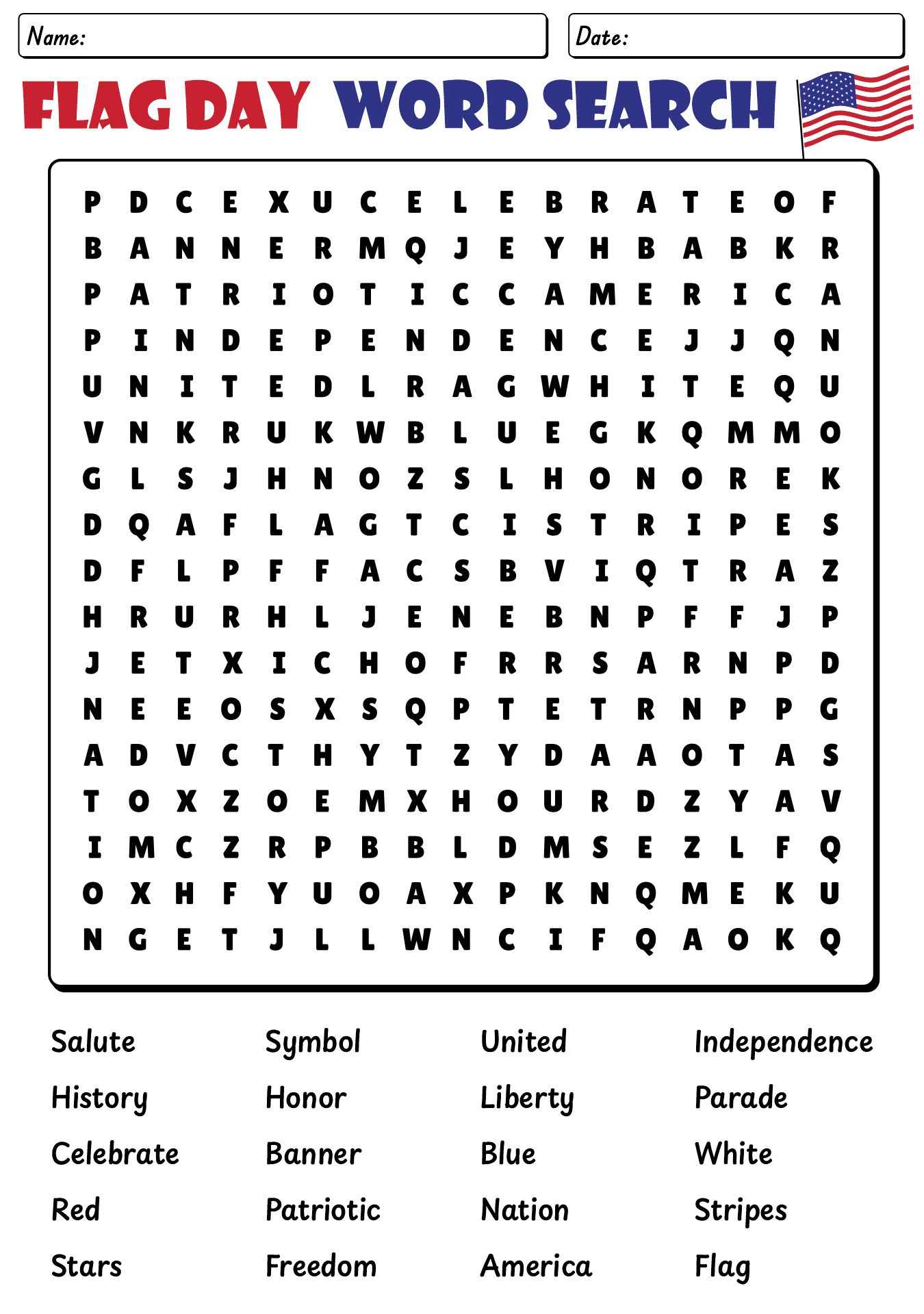 Flag Day Word Search Puzzles
