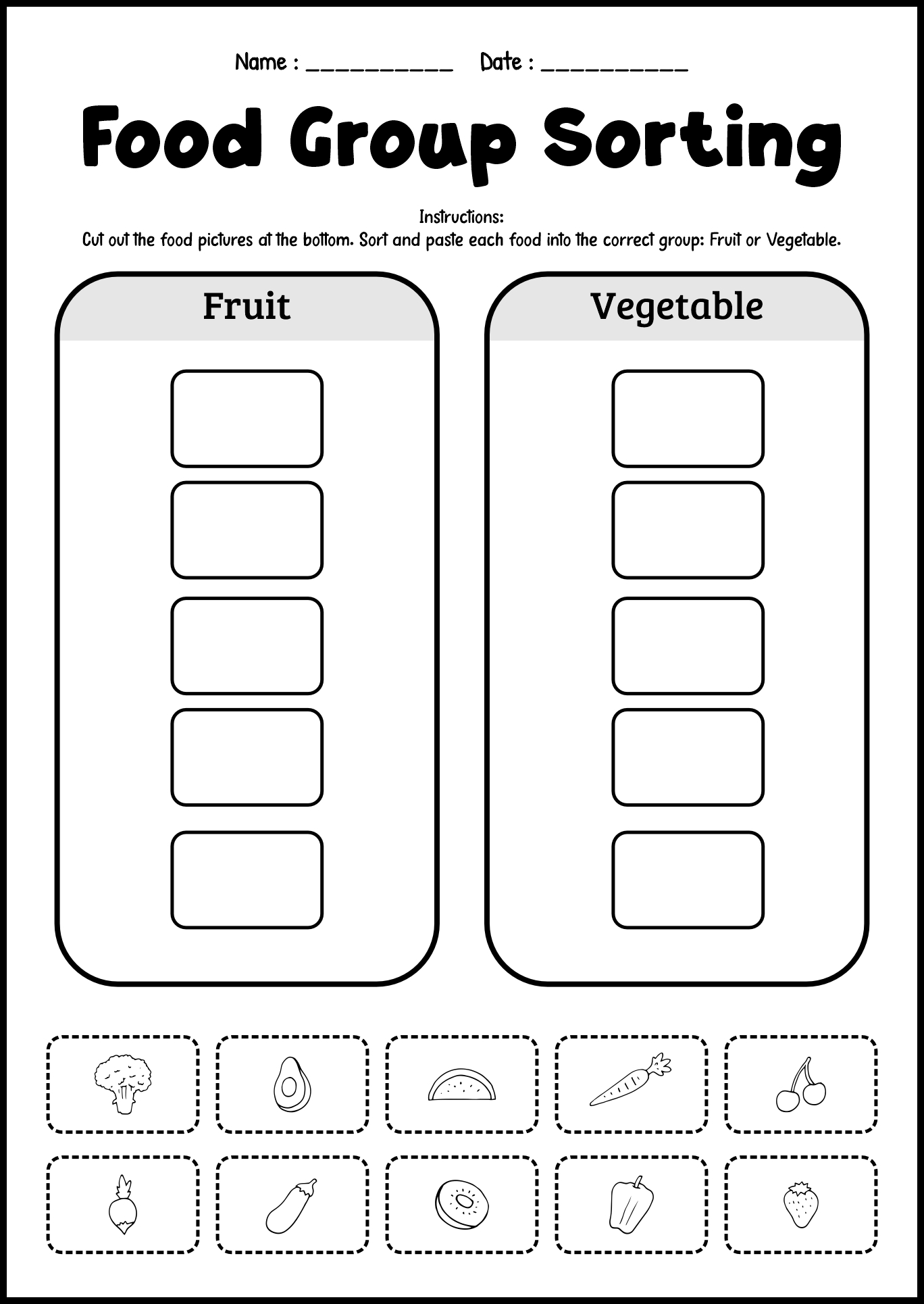 Food Groups Sorting Worksheets for Kindergarten
