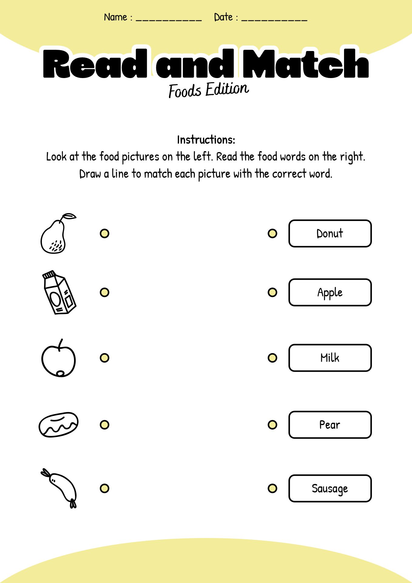 Food Match Up Worksheet Printable