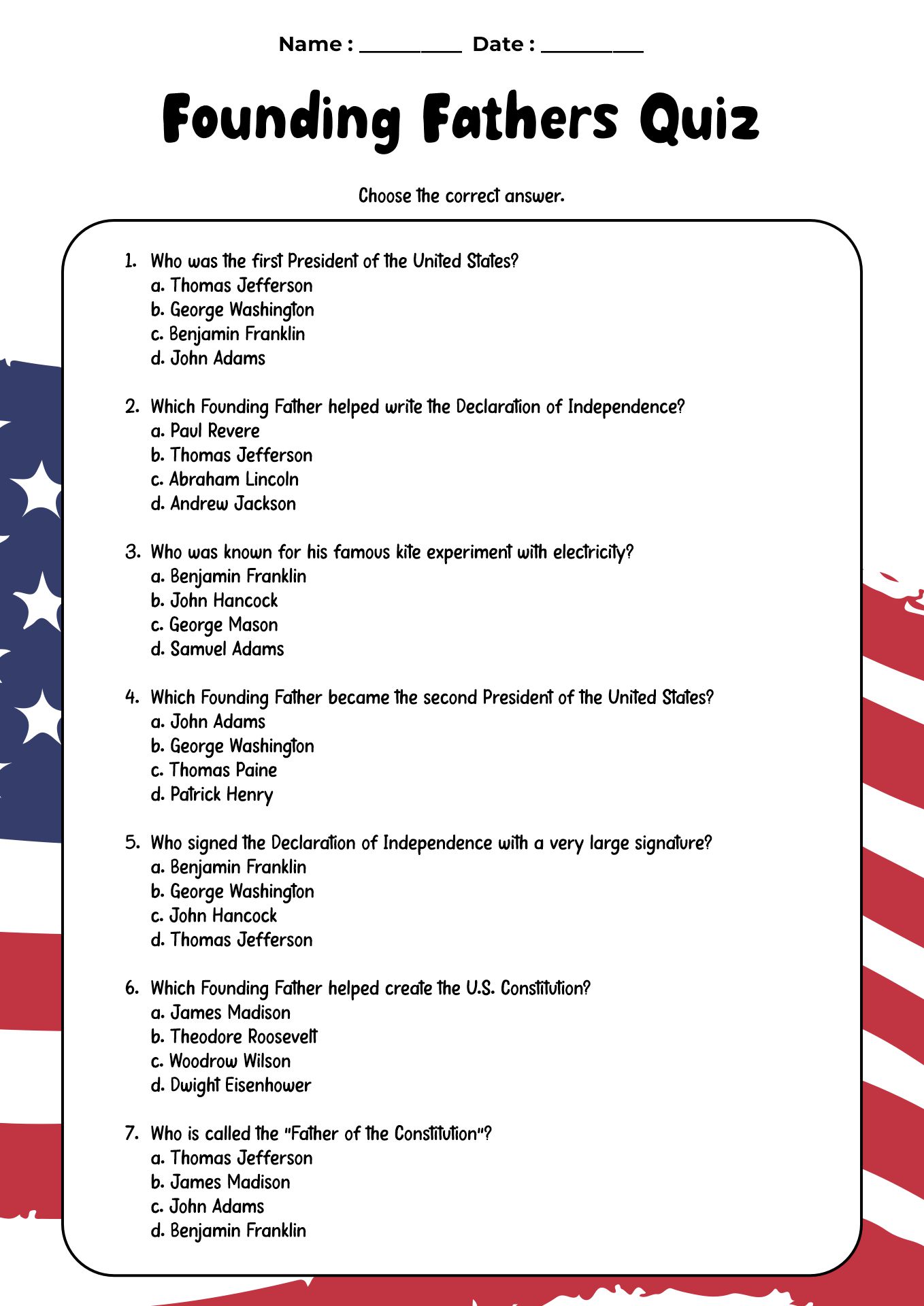 Founding Fathers Quiz Worksheet