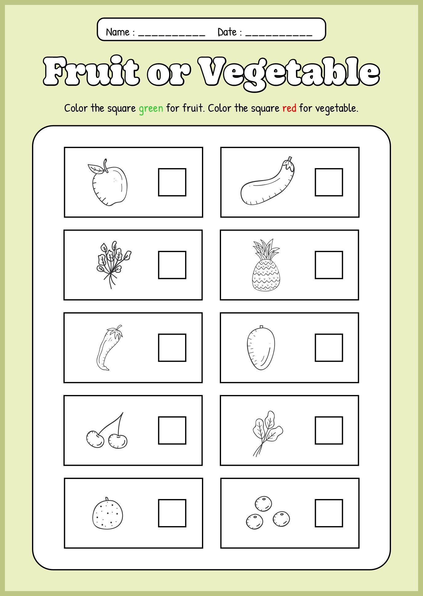 Fruit and Vegetable Identification Sheets for Kindergarten