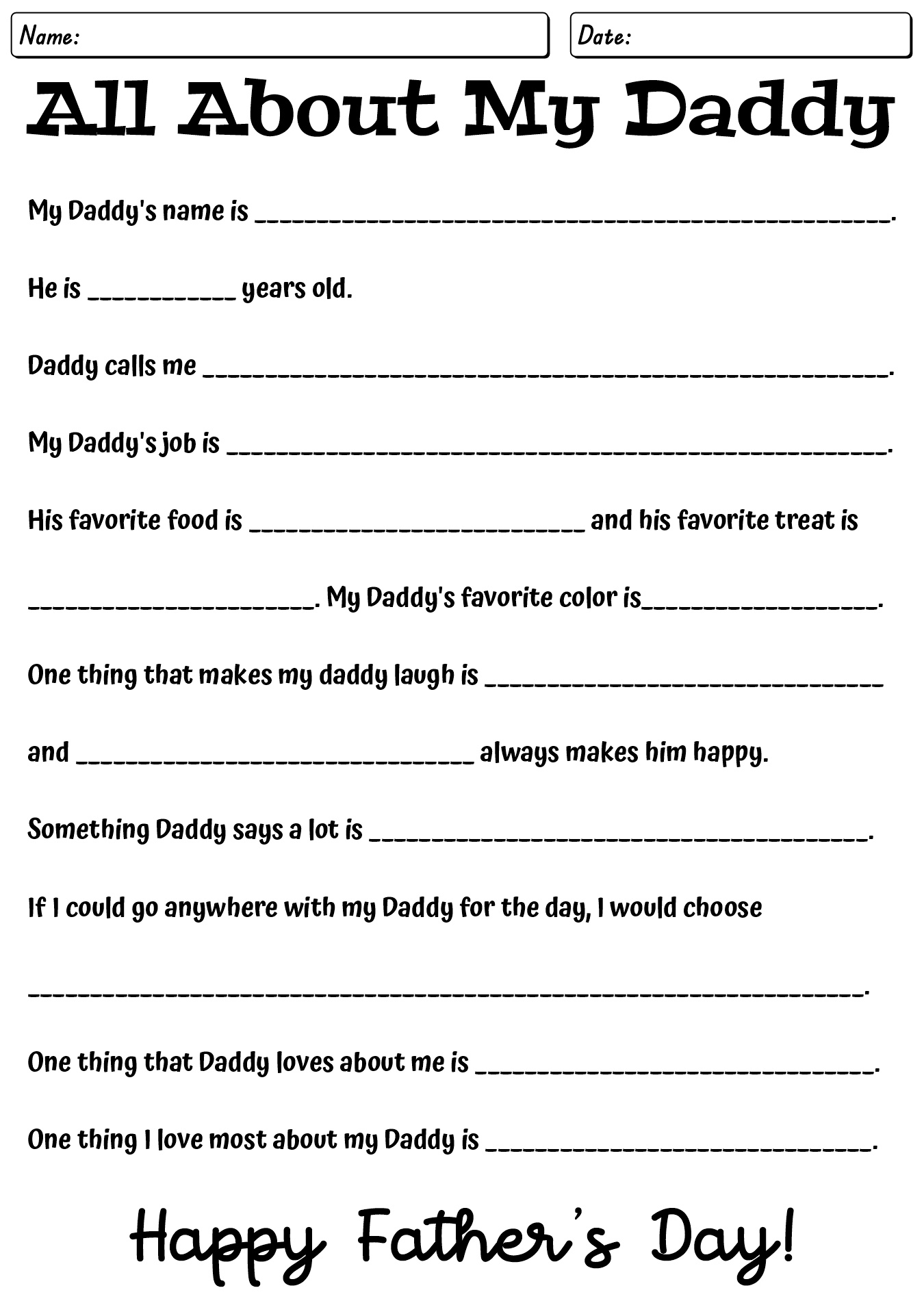Fun Worksheet Of All About My Dad