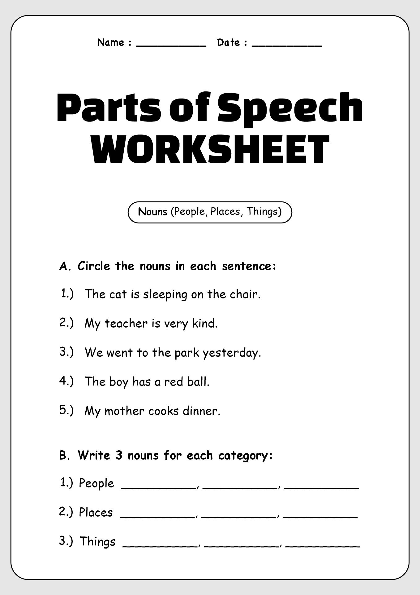 Grade 3 English Parts of Speech Worksheets