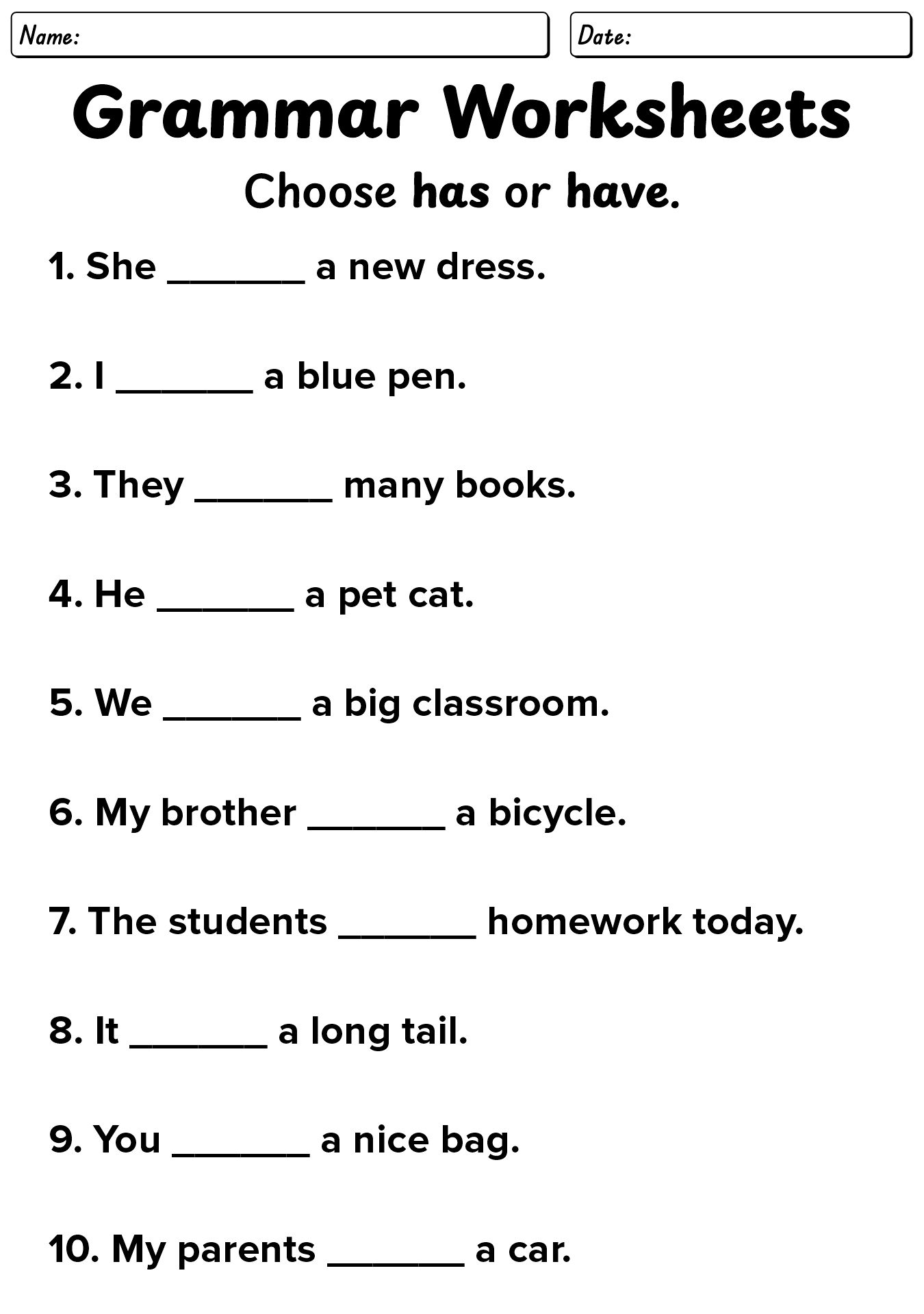 Grade 3 Grammar Worksheets
