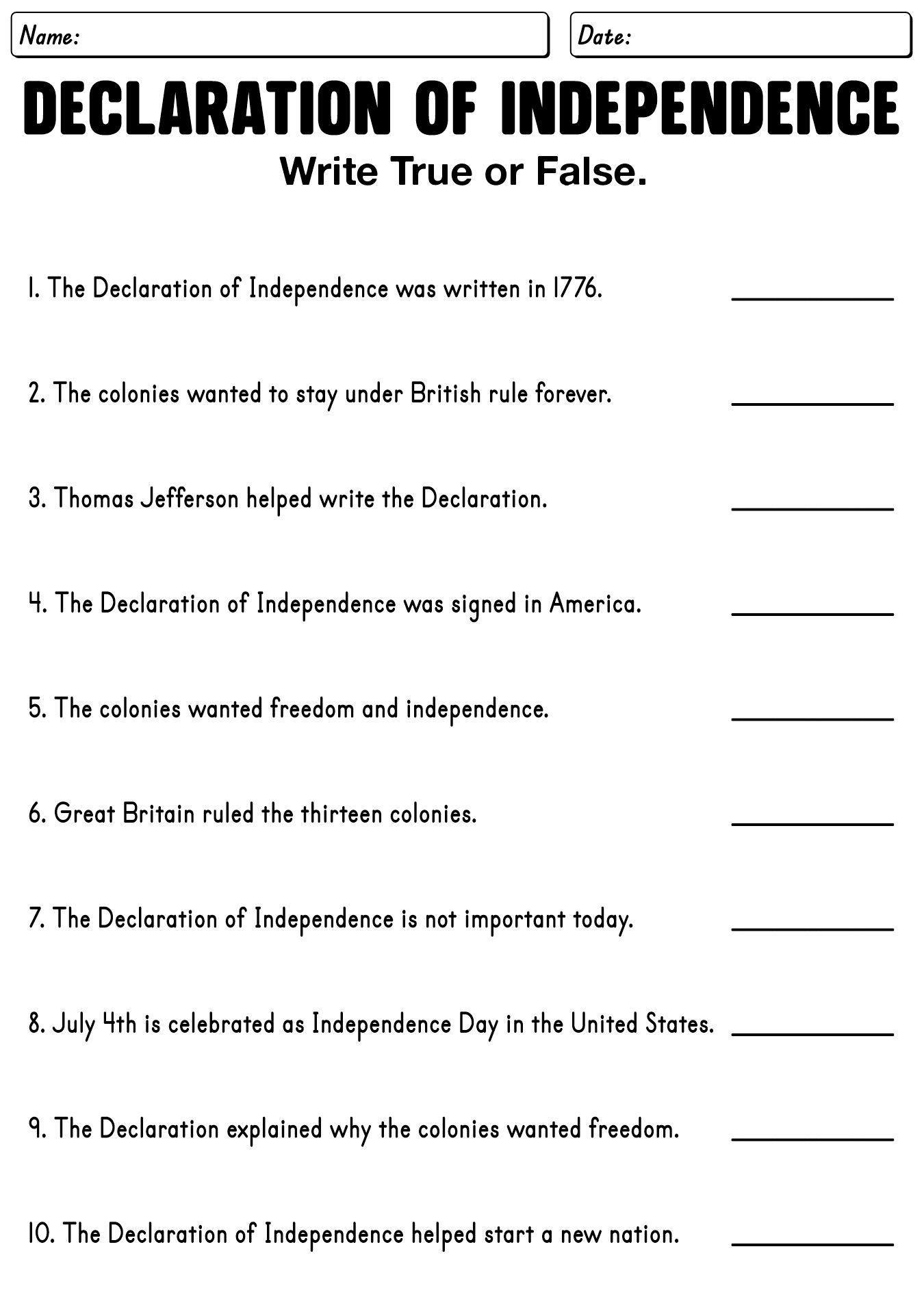 History of Declaration of Independence Worksheets
