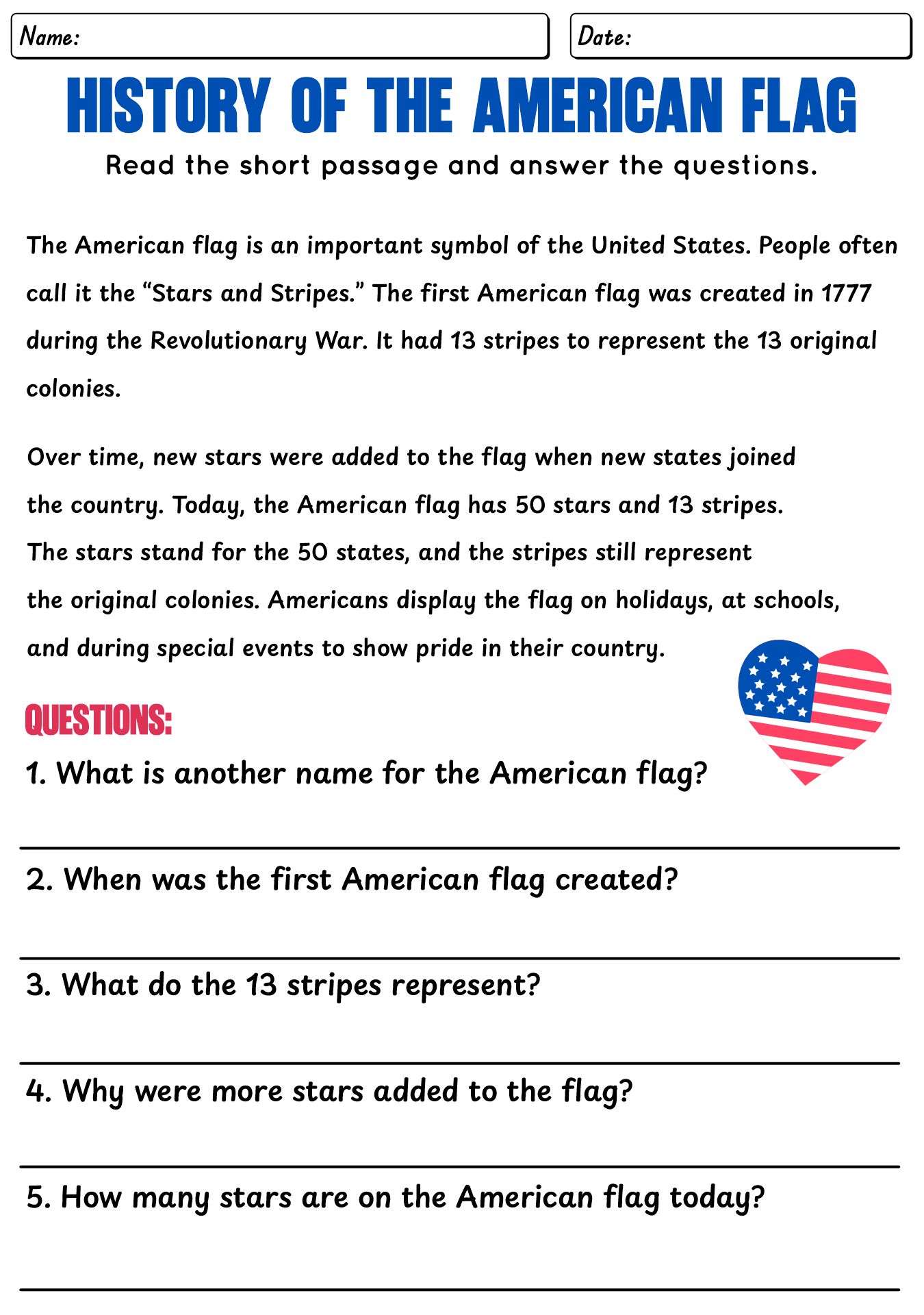 History Of The American Flag Worksheet For Students