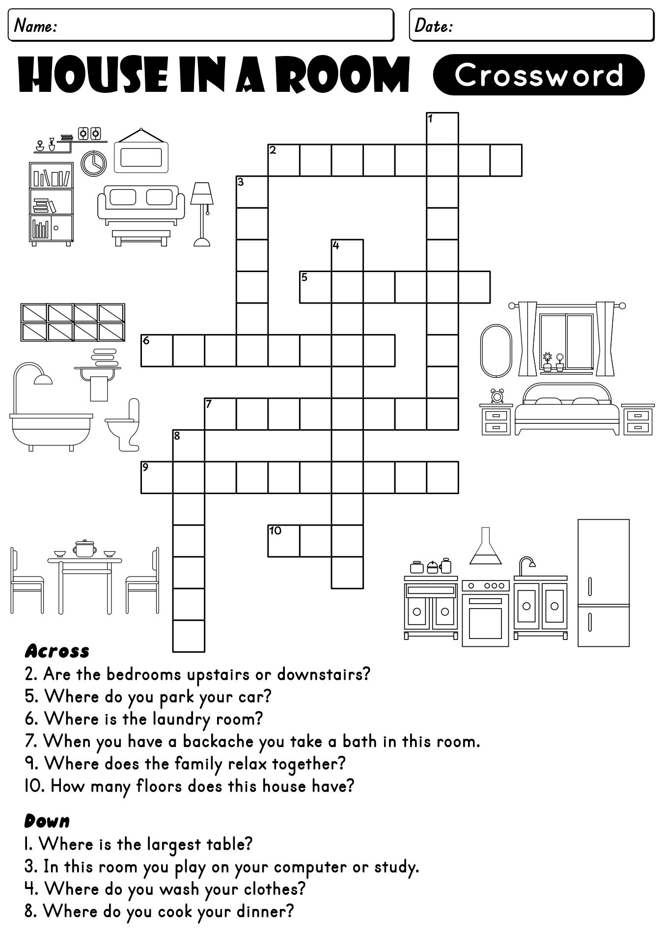 House Rooms Crossword Worksheets