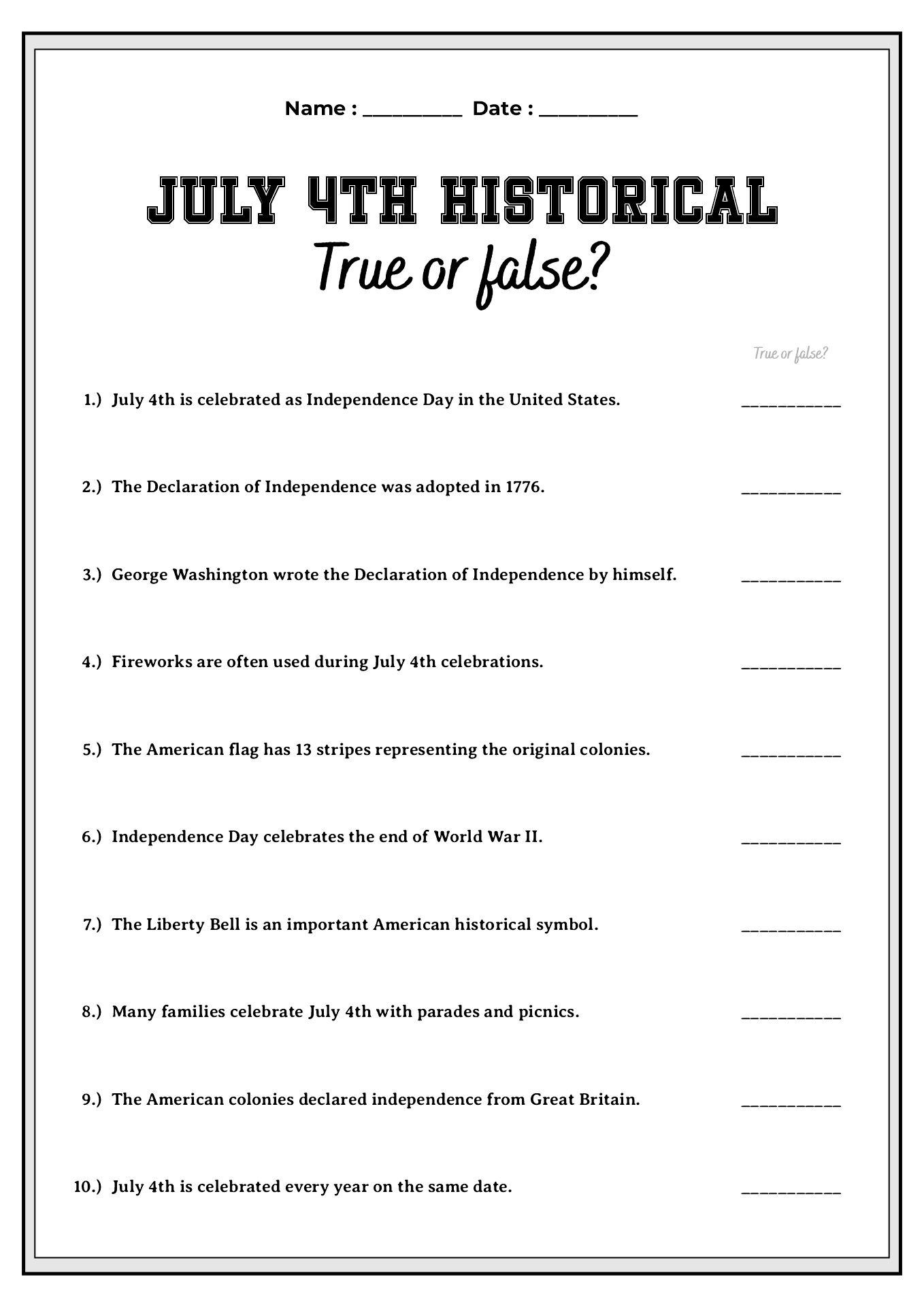 July 4th Historical Worksheet