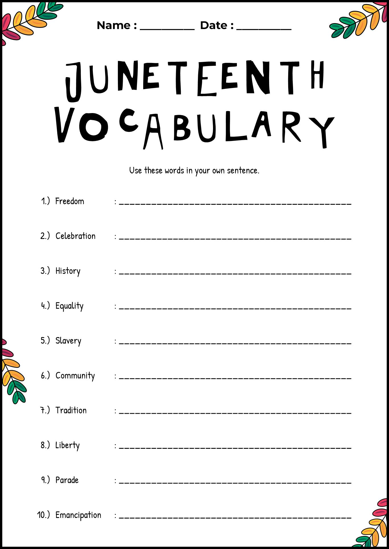 Juneteenth Activities Worksheet