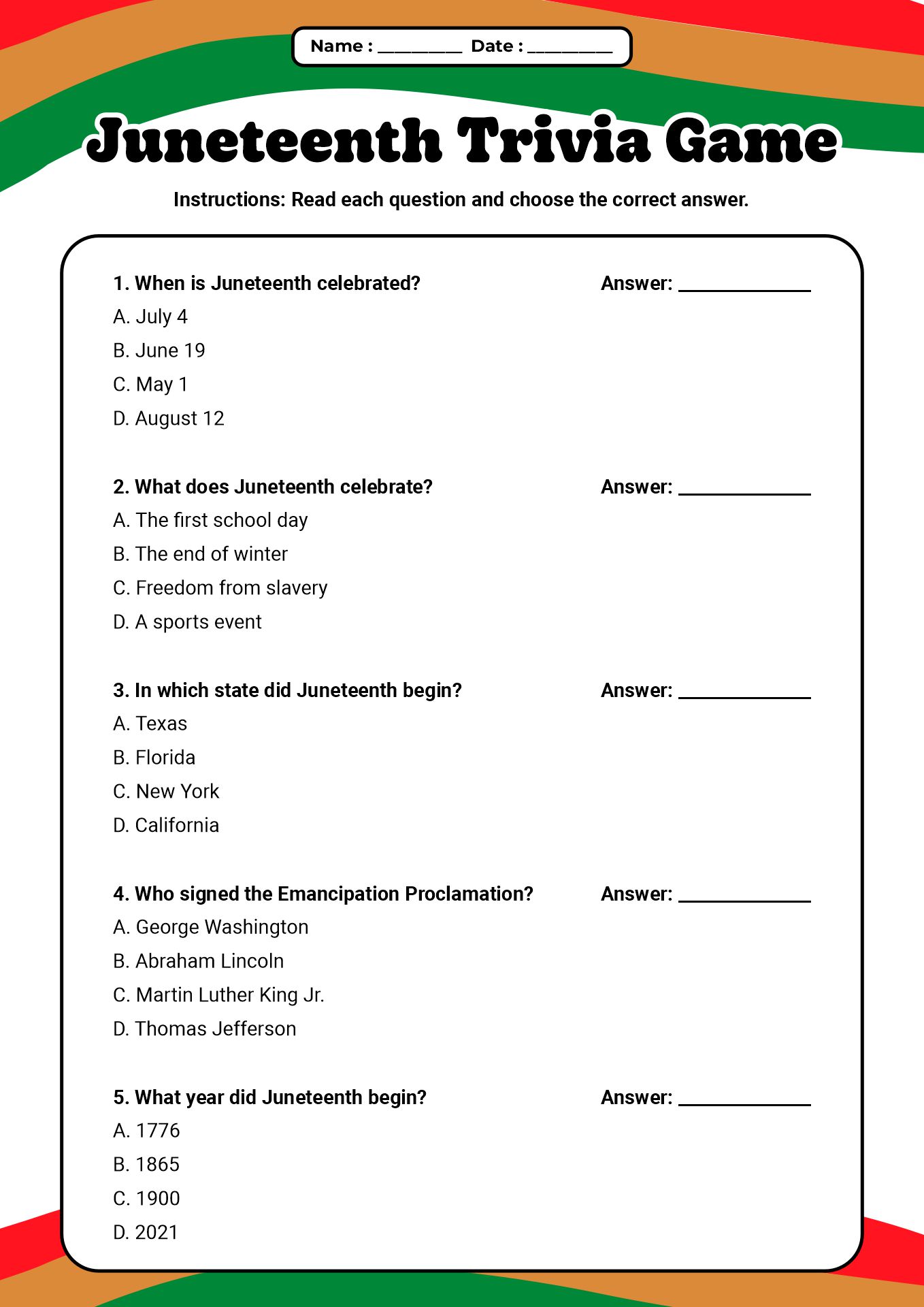 Juneteenth Activity for 5th Grade