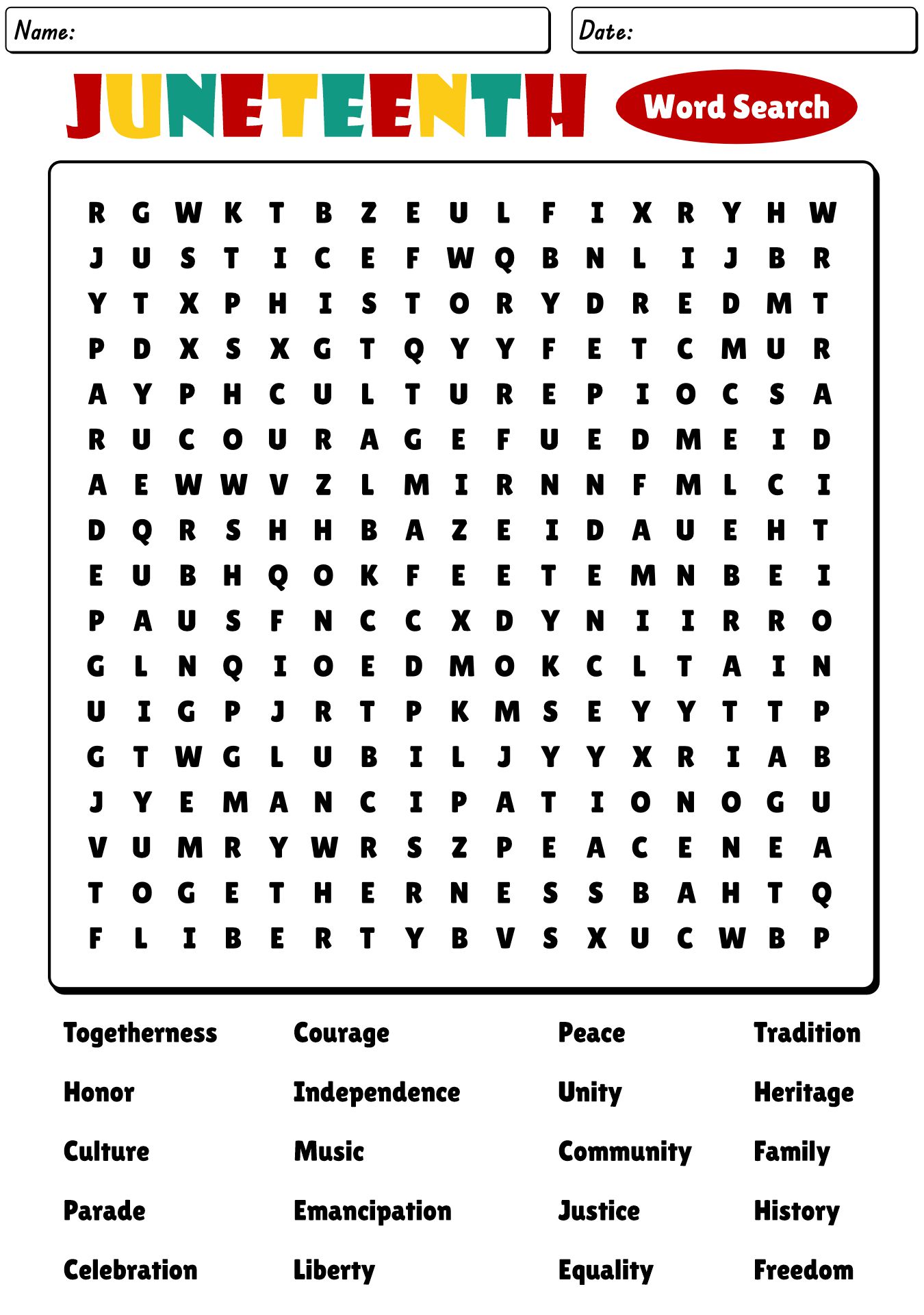 Juneteenth Celebration Word Search Worksheet