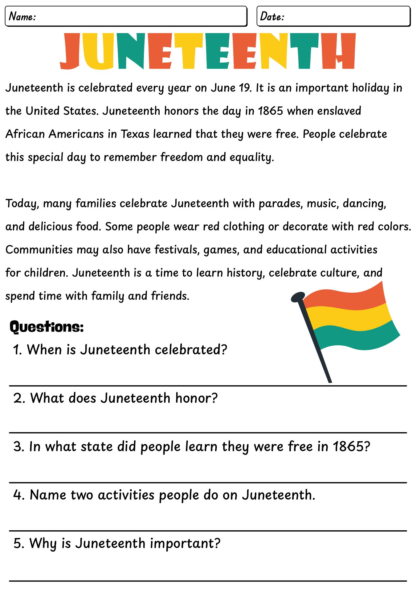 Juneteenth Celebration Worksheet for Kids