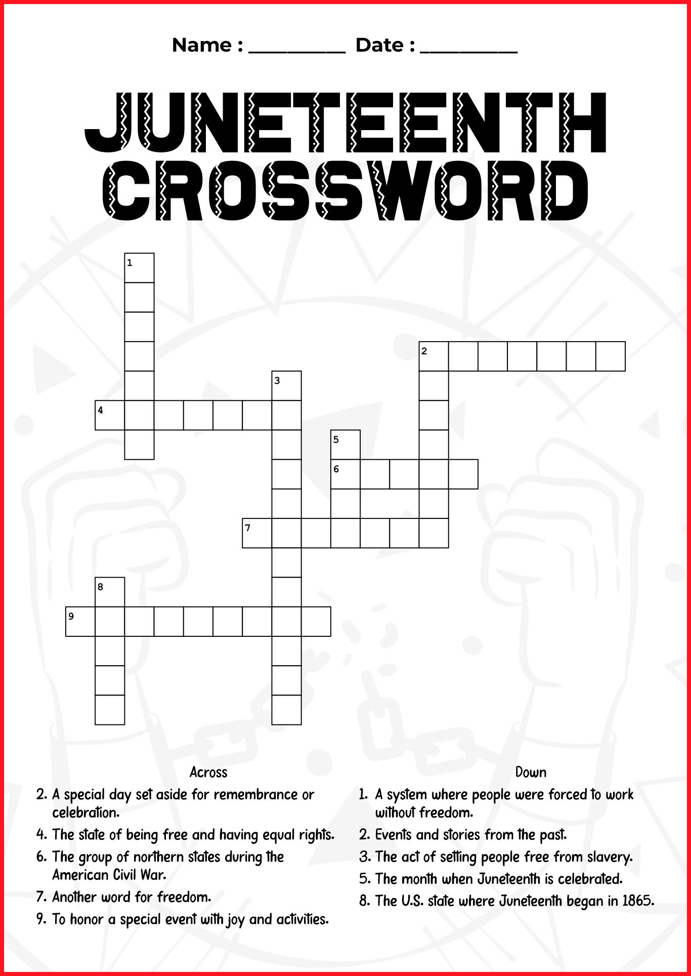 Juneteenth Crossword Puzzle Worksheet
