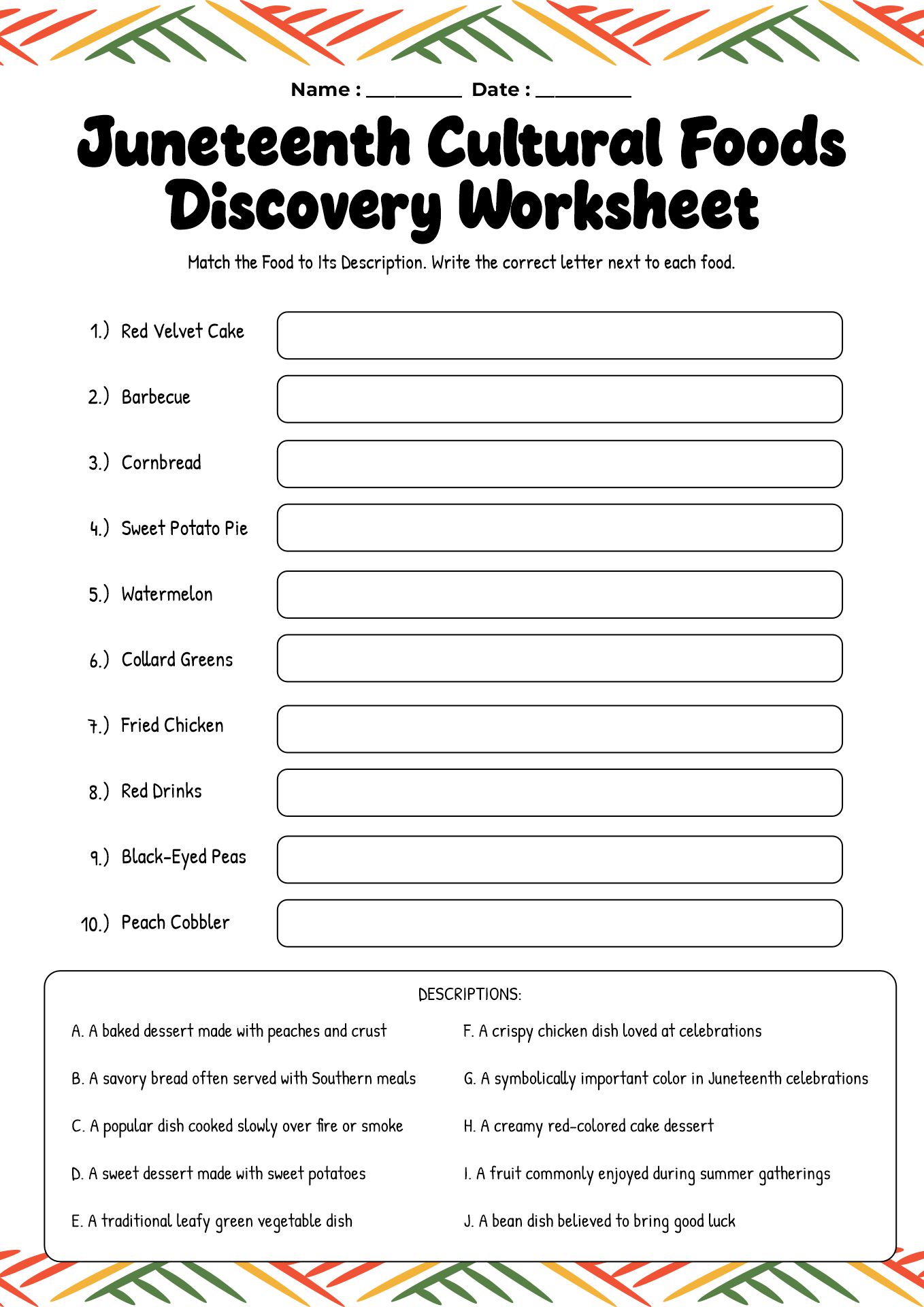 Juneteenth Cultural Foods Discovery Worksheet