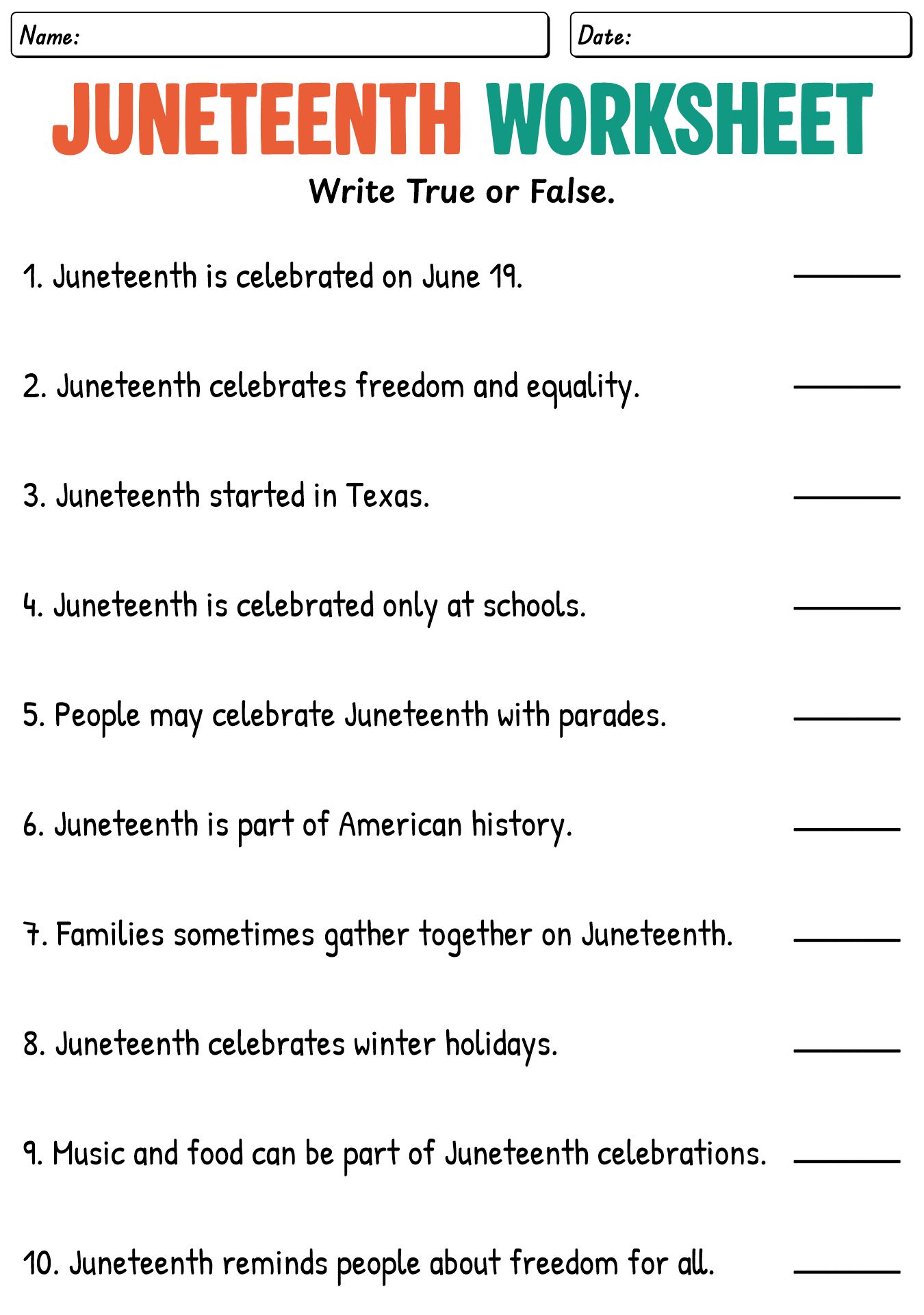 Juneteenth Elementary School Worksheet