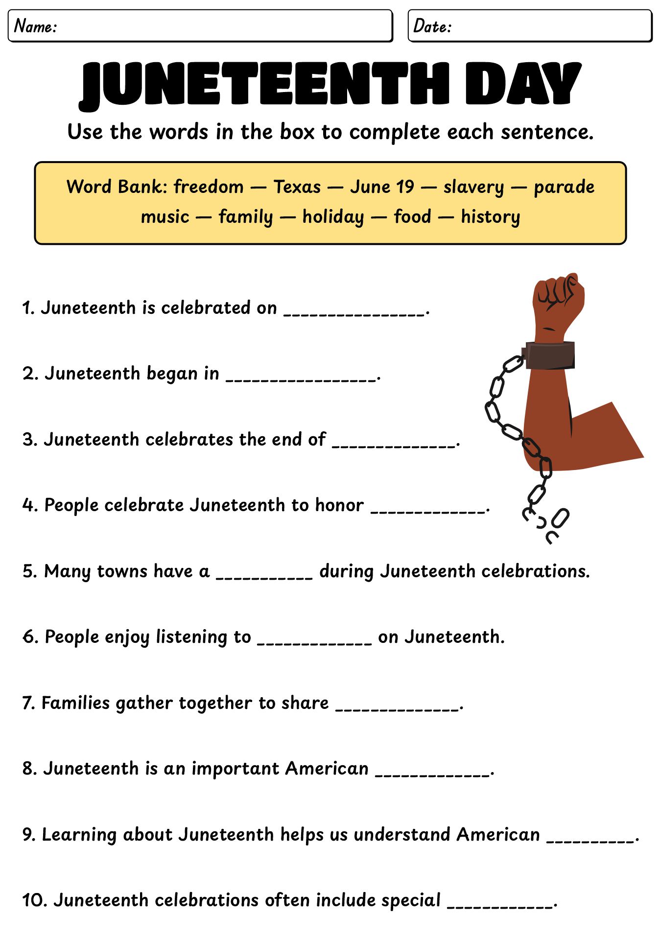 Juneteenth Emancipation Day Worksheet