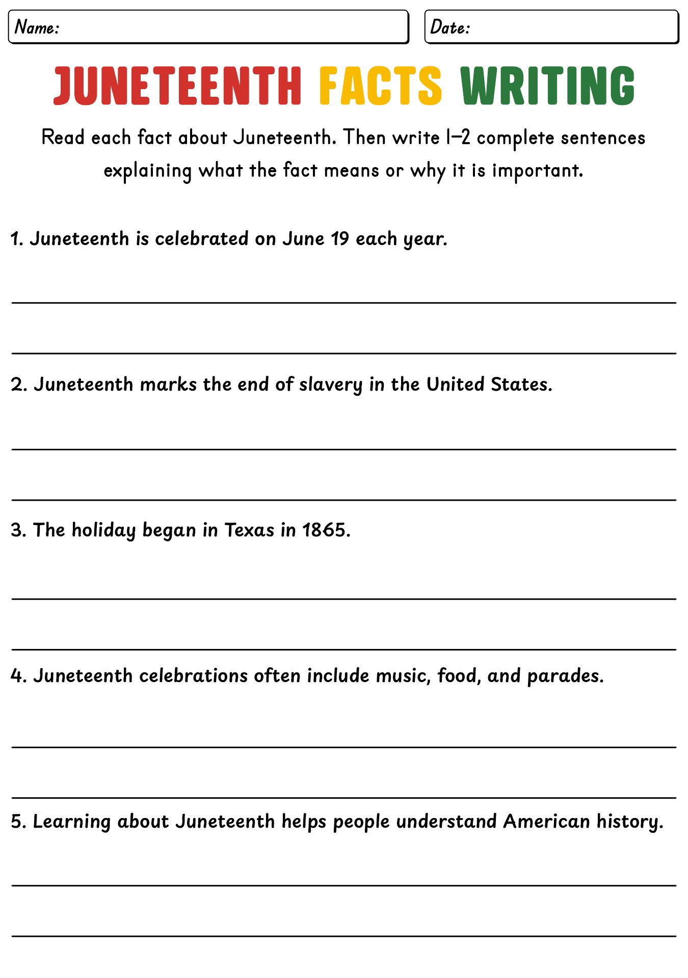 Juneteenth Facts Writing Worksheet